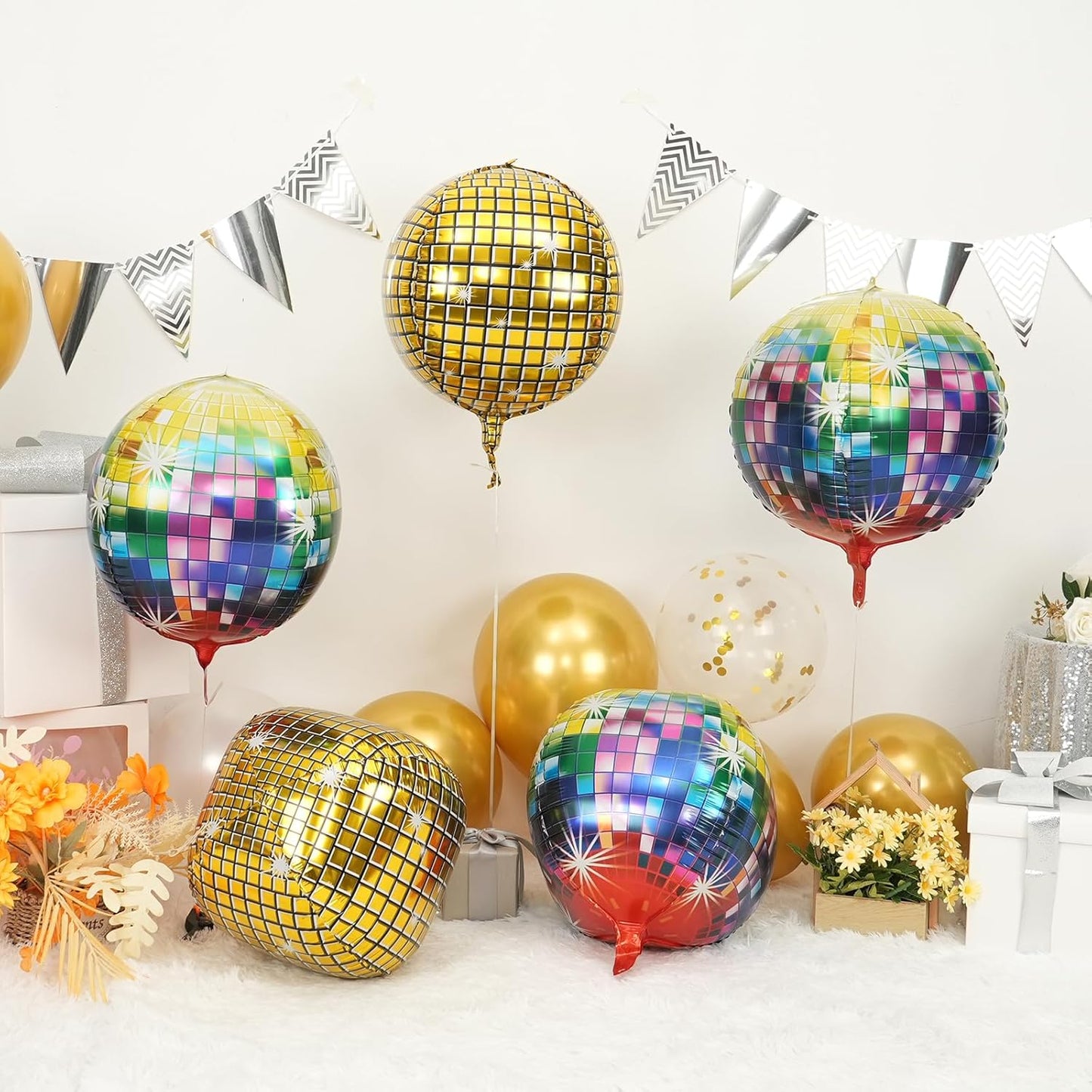 Disco Ball Balloons 4PC,Foil Disco Balloons 22 Inch 4D Round Multicolor Balloon for 70s 80s 90s Birthday Bachelorette Decorations