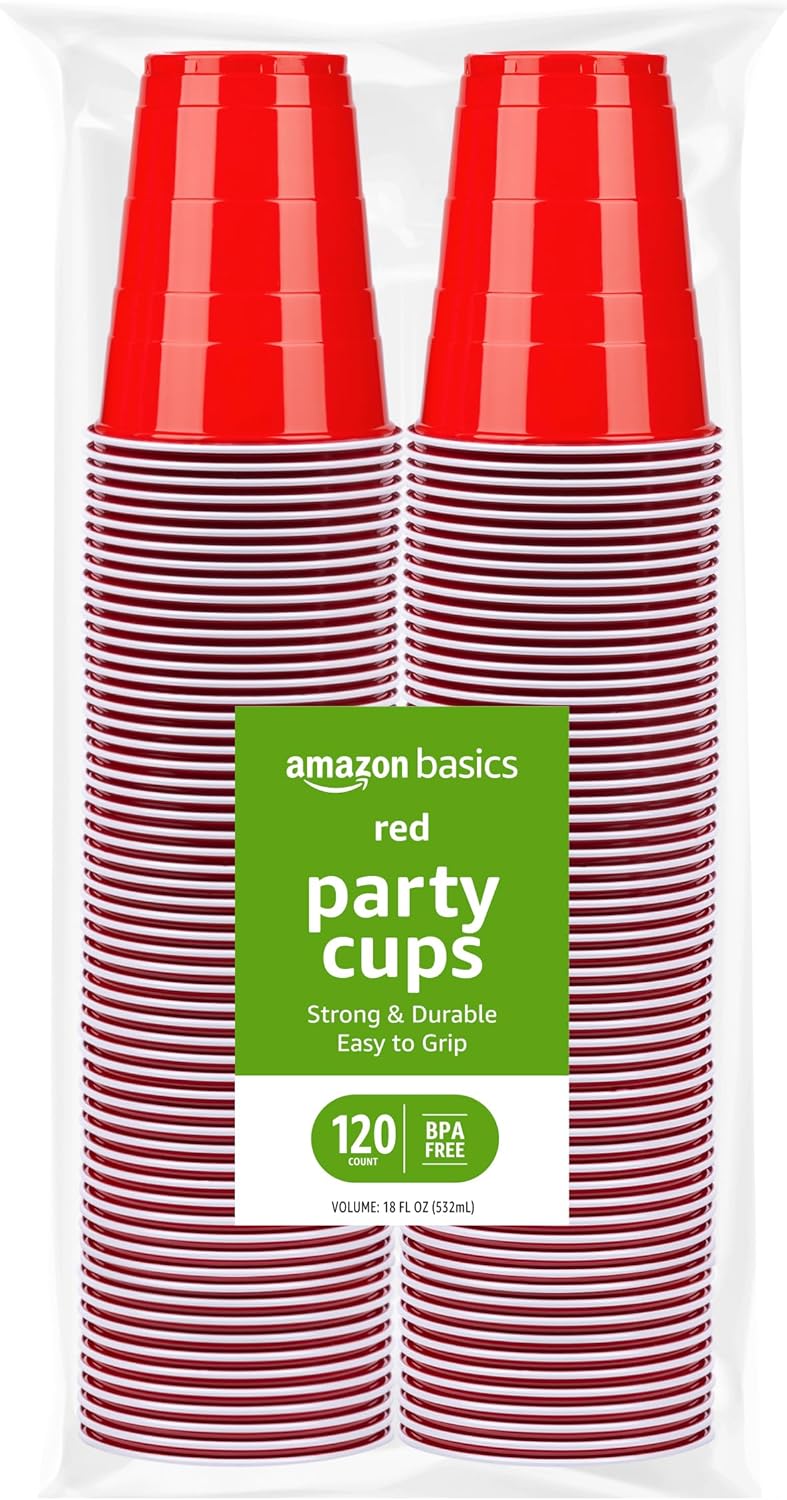 Amazon Basics Disposable Plastic Party Cups, Red, 18oz, 120 Count, Large Pack