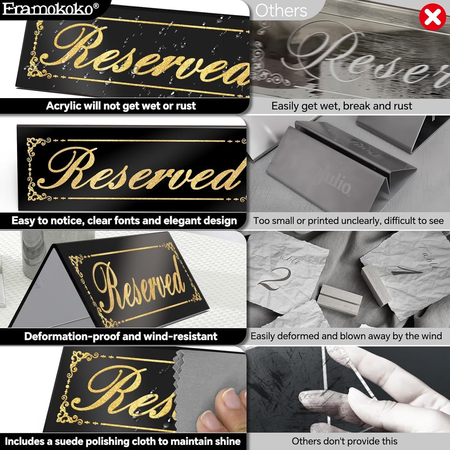 12 Pcs Black Mirrored Reserved Table Signs, 6" x 2" Double Sided Letters, Acrylic Reserved Table Tent Signs with Cleaning Cloth for Wedding Restaurant Ceremony Party Banquet Chairs
