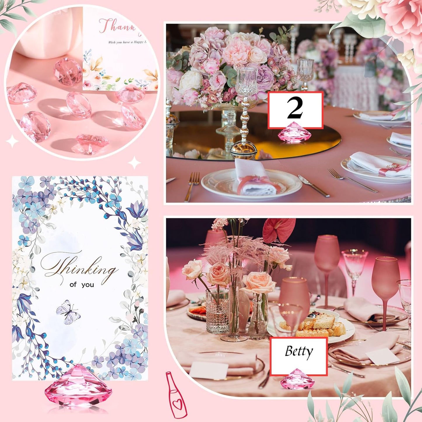 Boao 24 Pack Diamond Place Card Holders Acrylic Table Number Holder Card Stands Crystal Diamond Party Decorations Favor for Weddings Home Table(Pink)