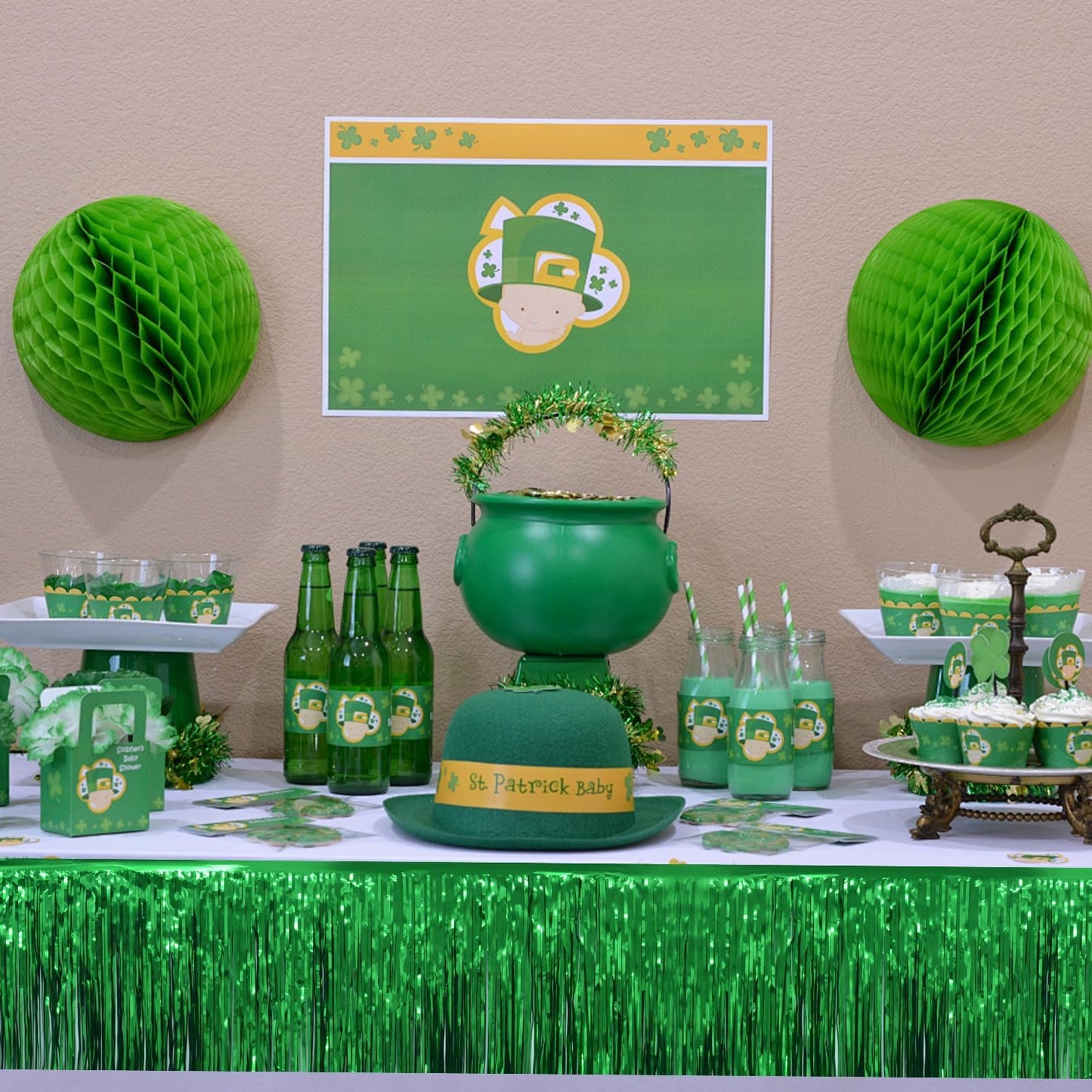 Green Christmas Decorations Tinsel Garland Parade Float Decorations for Trailer 4Pack 12FT Christmas Party Decor Ceiling Fringe Banner Green Backdrop for Streamers Party Decorations