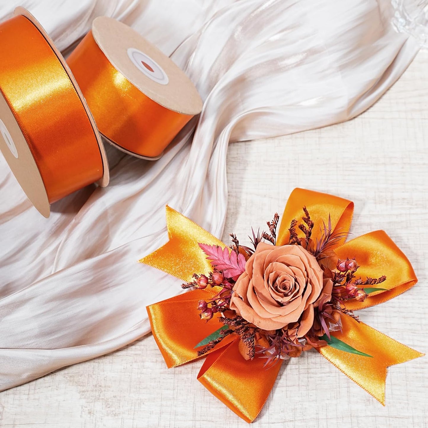 LaRibbons Orange Ribbon 3/8 Inch 25 Yards Luxury Double Faced Russet Orange Silk Ribbon for Flower Bouquet Crafts Gift Wrapping Wedding Party Decoration