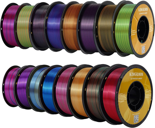Kingroon 16KG Silk PLA 3D Printer Filament Bundle Dual Color Triple Color Pla Filament 1.75mm Multicolor Filament for Most FDM 3D Printer, 1KG X 16 Spools