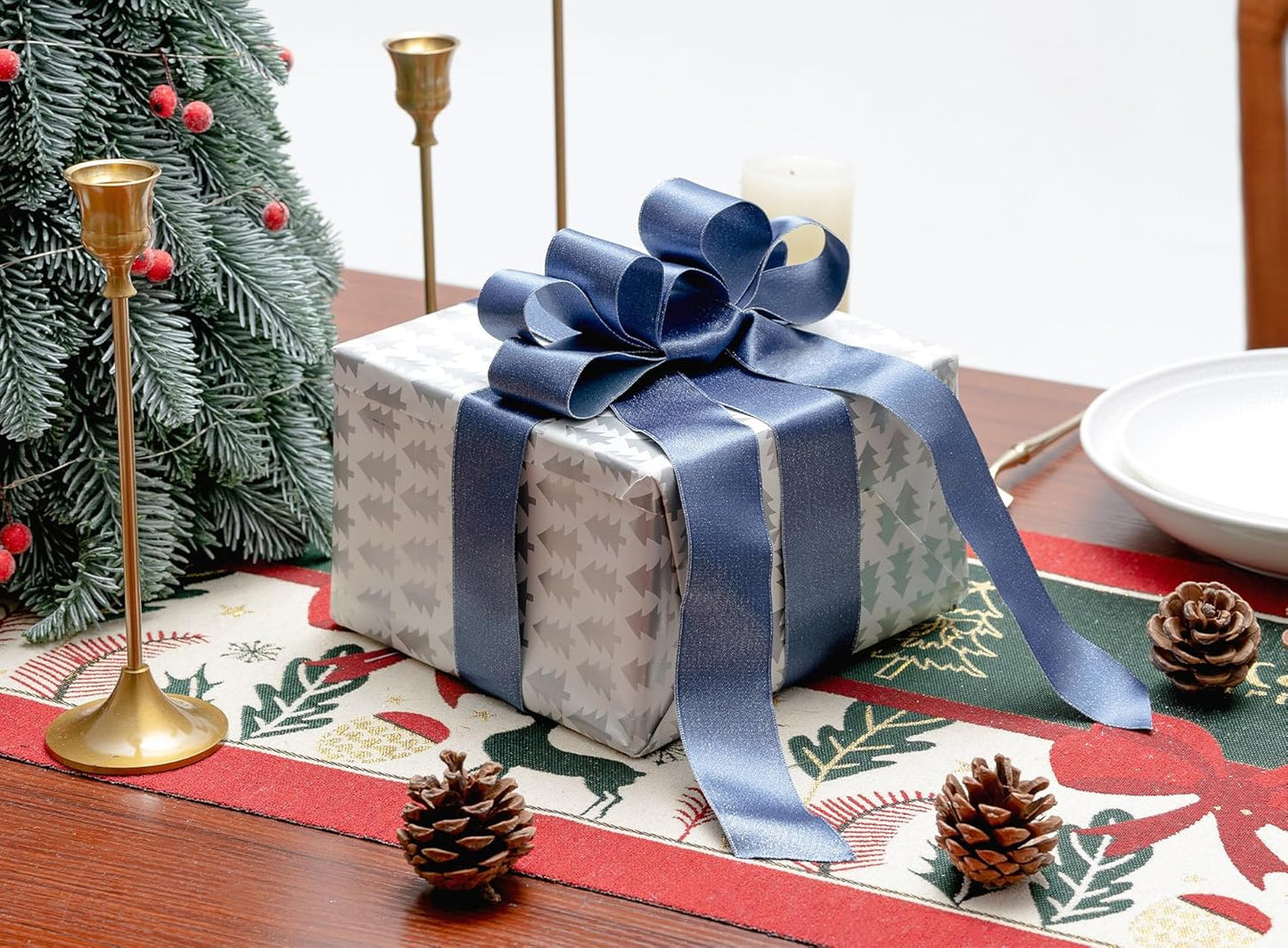 Dusty Blue Satin Wired Ribbon 1-1/2 Inch Double-Faced Sliver Glitter Christmas Ribbons for Wreath, Tree Decoration, Gift Wrapping, Home Decor 10 Yards