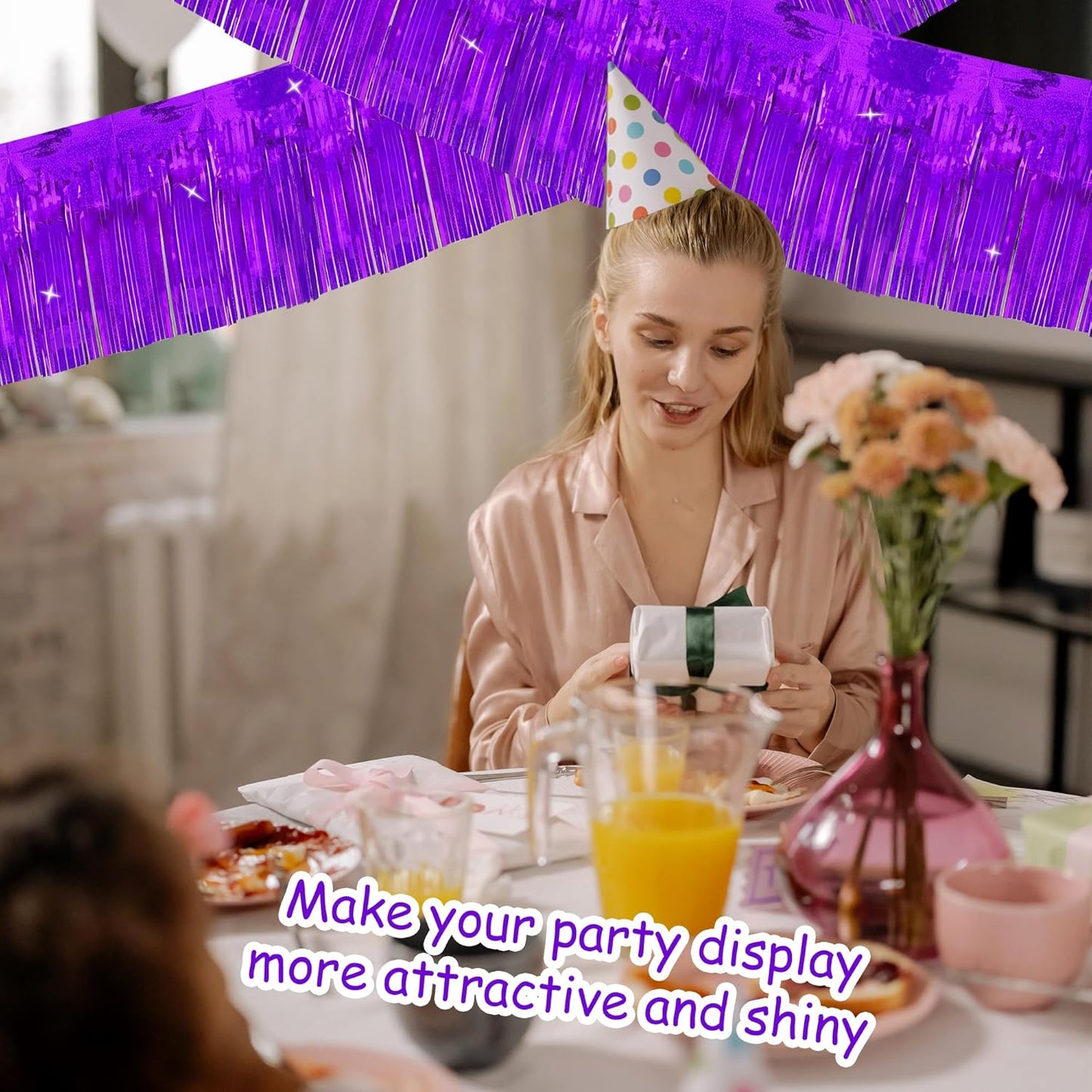 4 Pack 10 Feet Glitter Purple Parade Float Decorations for Trailer Car, Glitter Foil Fringe Metallic Tinsel Streamers Banner Garland for Graduation Homecoming Birthday Party (Glitter-Purple)