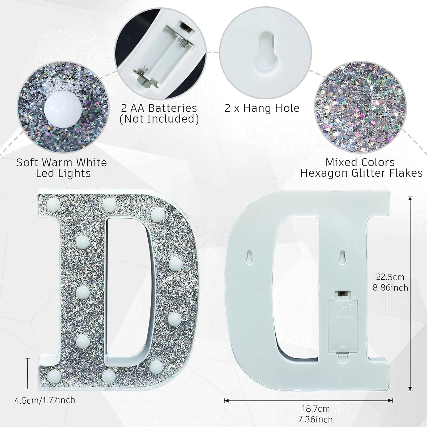 Light Up Letters, Marquee Light for Table Decorations, Glitter Signs for Prom, Events, or Engagement Party Decor, Featuring Alphabet & Number Lighted Letters, Letter D