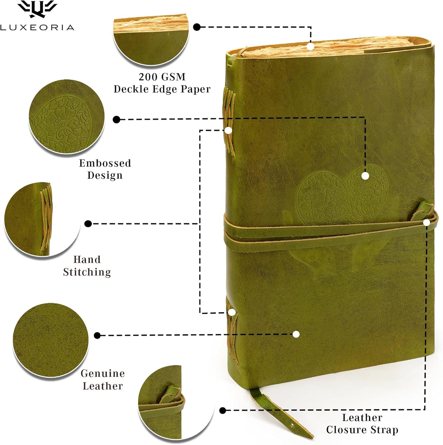 LUXEORIA Heart Journal for Women and Men, Handcrafted Leather Journal for Writing Womens, Sketchbook, Travel Diary with Unlined Deckle Paper, Mint Green 8x13