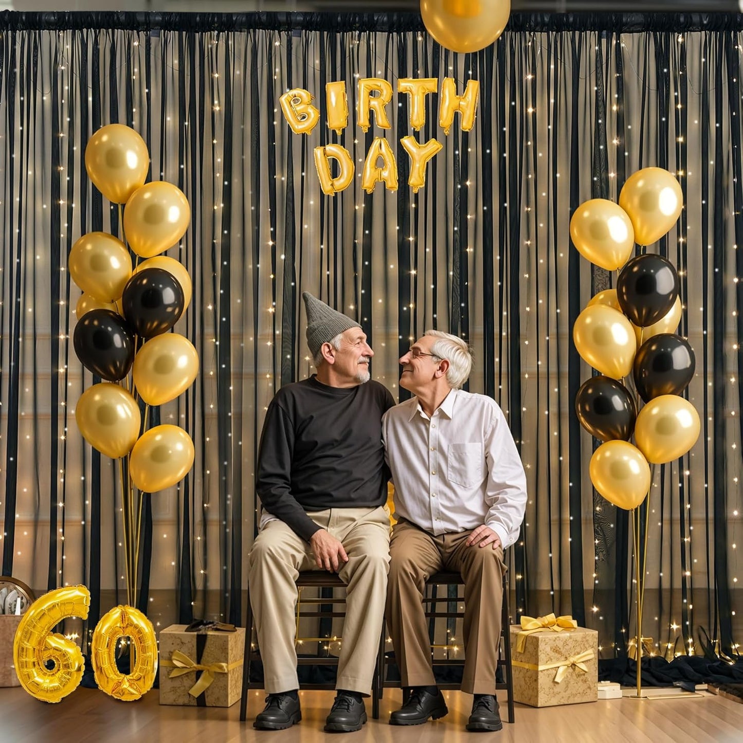 10x10ft Black Chiffon Backdrop Curtain with Lights for Wedding Birthday Parties, Wrinkle Free Backdrop Curtains with Lights for Halloween Baby Shower Gender Reveal Photo Shoot (5 x 10ft,2 Panels)