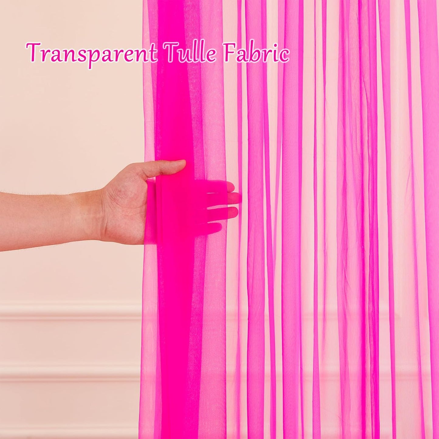 20×10ft Hot Pink Tulle Backdrop Curtain with Lights String for Parties, Sheer Photo Backdrop Curtains for Wedding Party Photography Background
