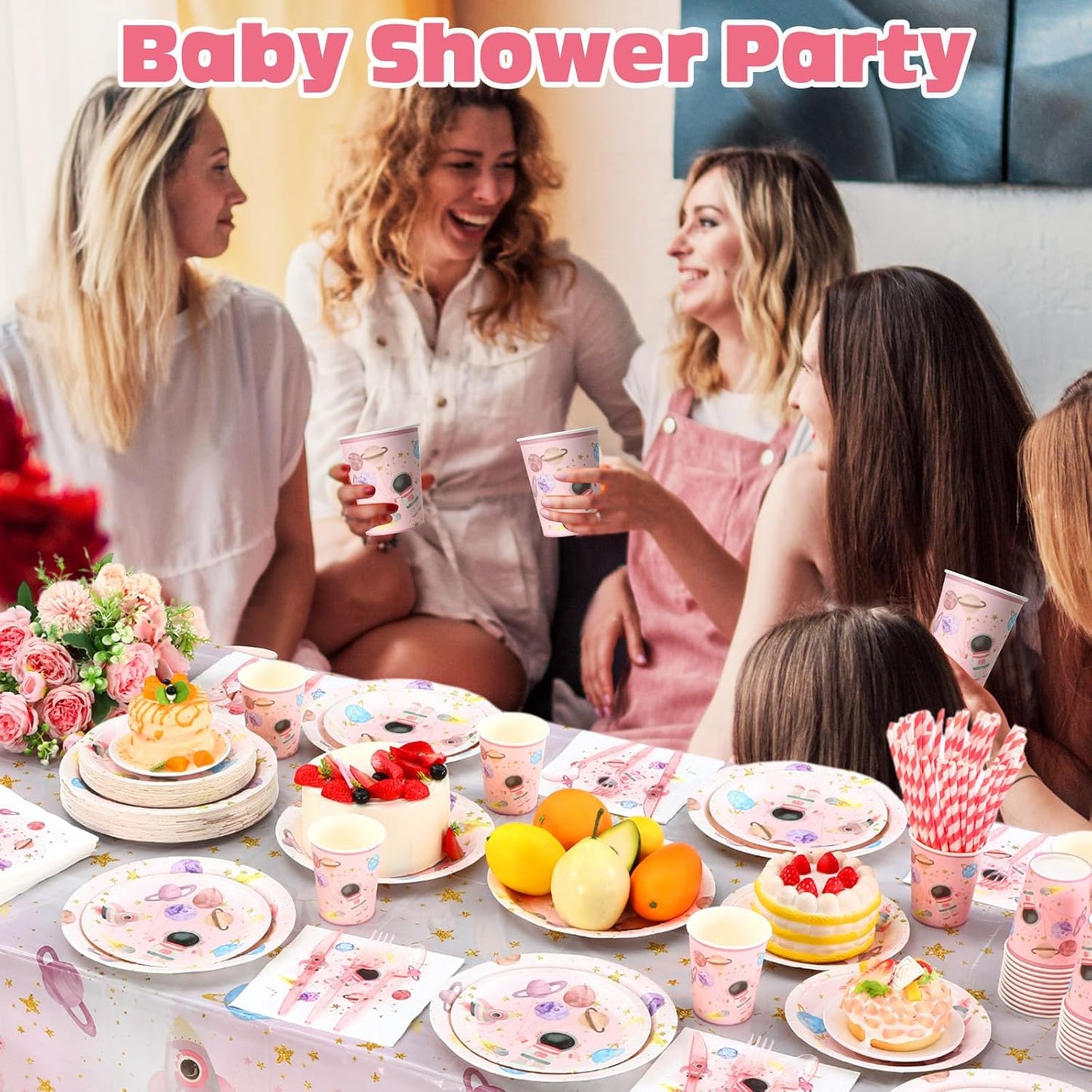 452 Pcs Pink Space Birthday Decorations for 50, Star Astronaut Paper Plates Napkins Cups Moon Tablecloth Cutlery Straws for Solar System Planets Baby Shower Party Supplies Decorations