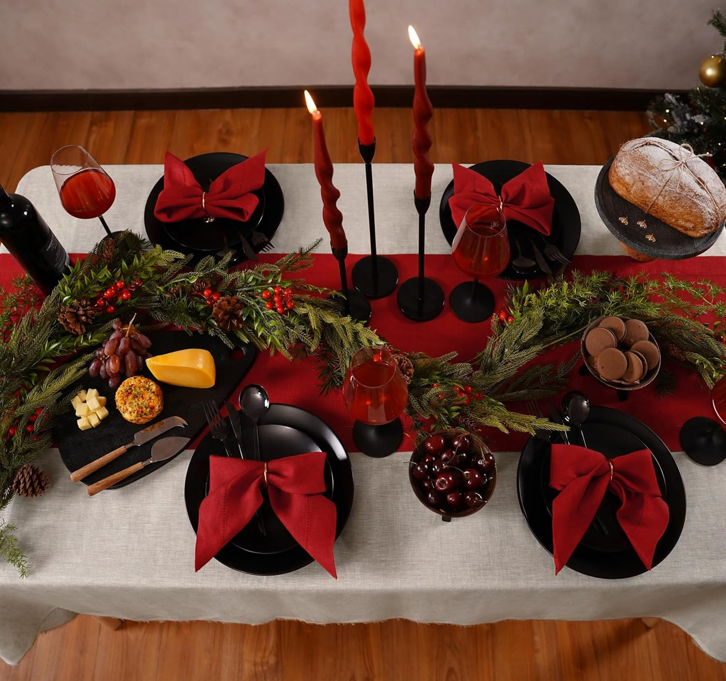 Linen Table Runner 14 x 120 Inch Long - 100% Pure Linen Christmas Red Table Runner - Cloth Fabric Hemstitch Runner for Thanksgiving, Christmas, Winter, New Year - Elara