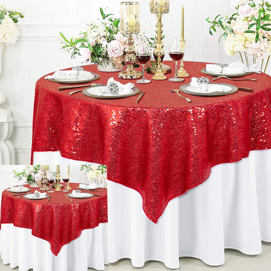 ShinyBeauty Red Table Cloths for Christmas 2 Packs, 72X72 Inch Sequin Tablecloths Square Shimmer Table Cloth Overlay Red Tablecloth for Wedding, Birthday Tables