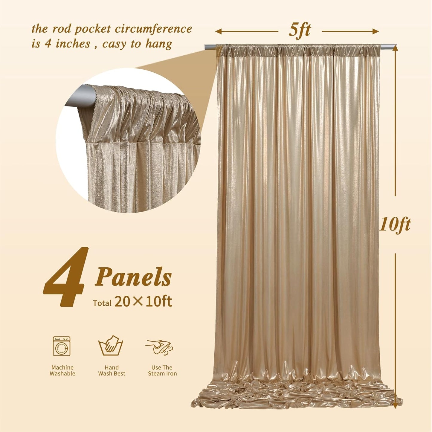 20ftx10ft Champagne Sequin Backdrop Curtain for Parties, 4 Panels Wrinkle Free Glitter Photo Backdrop Drapes Shimmer Back Drop Cloth for Wedding Birthday Christmas Photography Background