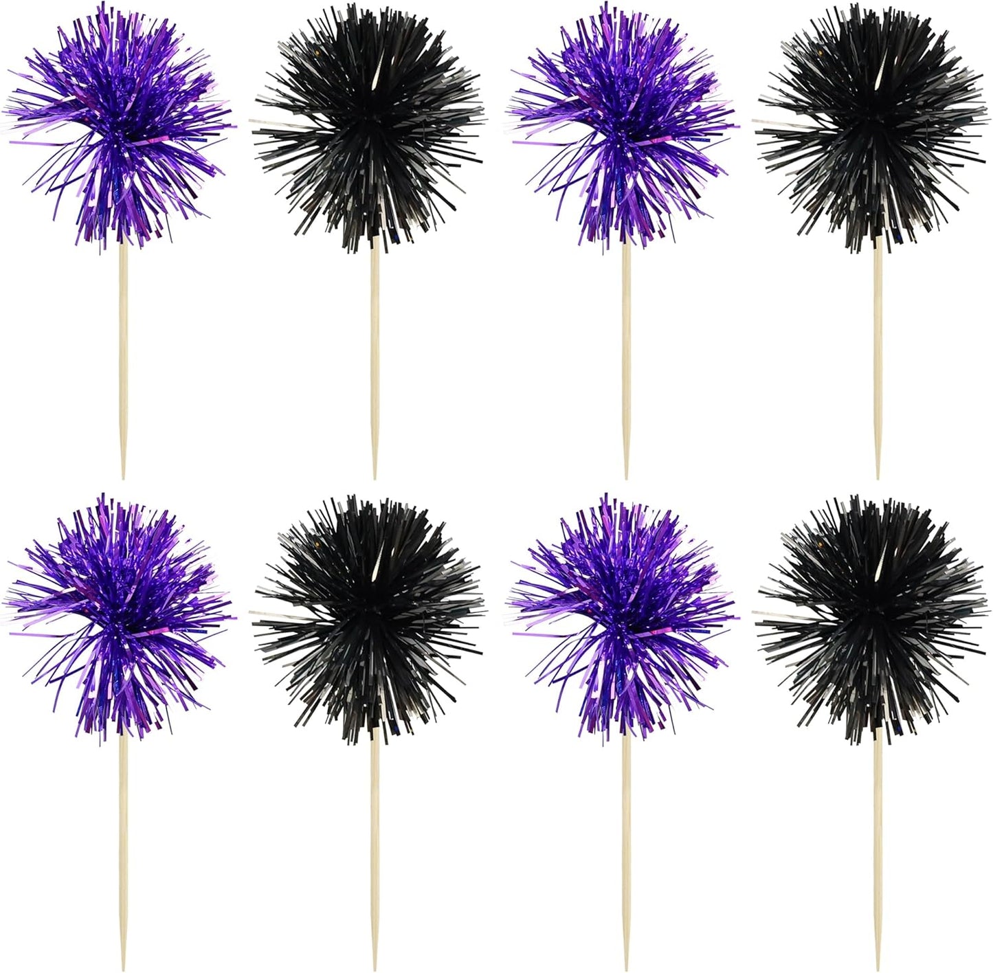 Gyufise 30Pcs Foil Firework Cupcake Toppers Sparkle Tinsel Cake Toppers Tinsel Drink Cake Decoration Cocktail Picks for Birthday Wedding Graduation Party Supplies Black Purple