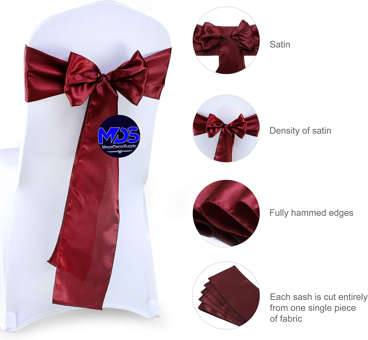 MDS Pack of 125 PCS Satin Chair Sashes Charmeuse Sateen Dining Chair Bows Ribbon Ties Back Sash for Wedding Party Birthday Home Hotel Restaurant Banquet Decoration (7 x 108 Inch, Maroon)