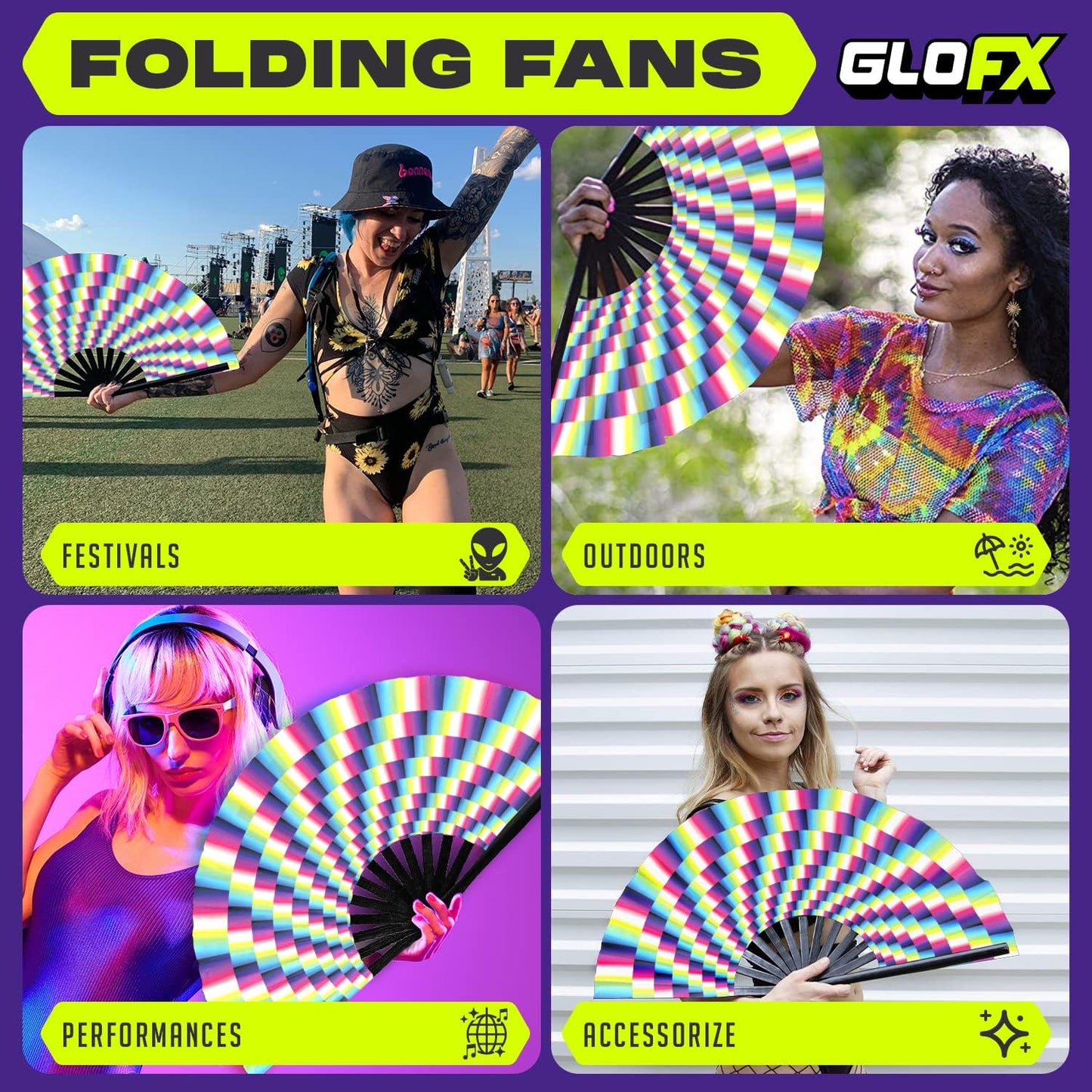 GloFX Folding Fan - Trippy - Large Rave Clack Folding Hand Fan for Men/Women - for EDM, Music Festival, Club, Event, Party, Dance, Performance, Decoration, Gift