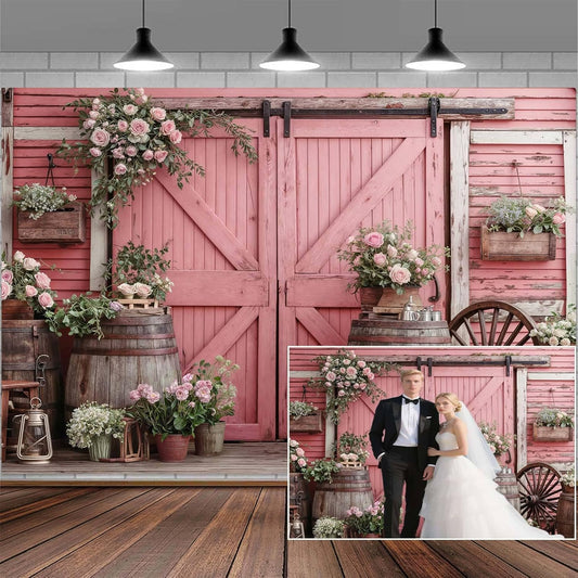 15x10ft Country Wedding Pink Photography Backdrop Rustic Wooden Door Photography Backdrop Farmhouse Flower Western Girl Birthday Baby Shower Wedding Bridal Party Banner Photo Booth Props Background