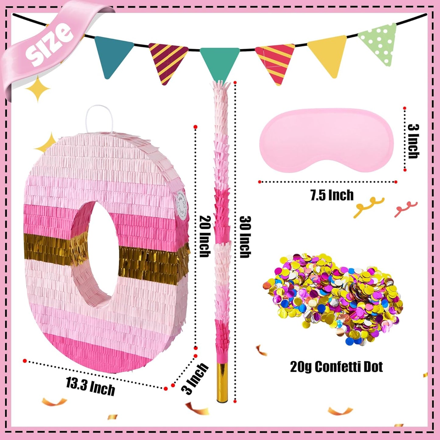 PCFING 20 Inch Number 0 Piñata Pink Gold with 30 Inch Piñata Stick Blindfold Confetti for Boys Girls Adults Birthday Party Decorations, Anniversary Celebration, Fiesta