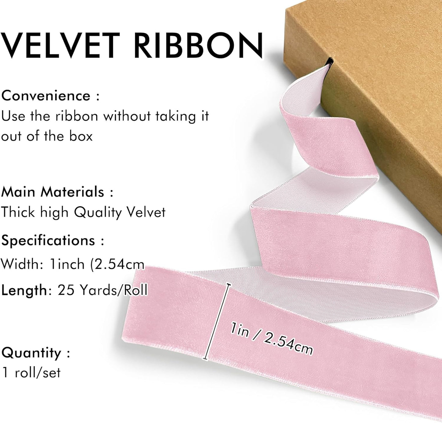 Pink Velvet Ribbon 1'' 25 Yards for Christmas Tree, Gift Wrapping, Flower Bouquet, Wreath Decorations, Bow Making
