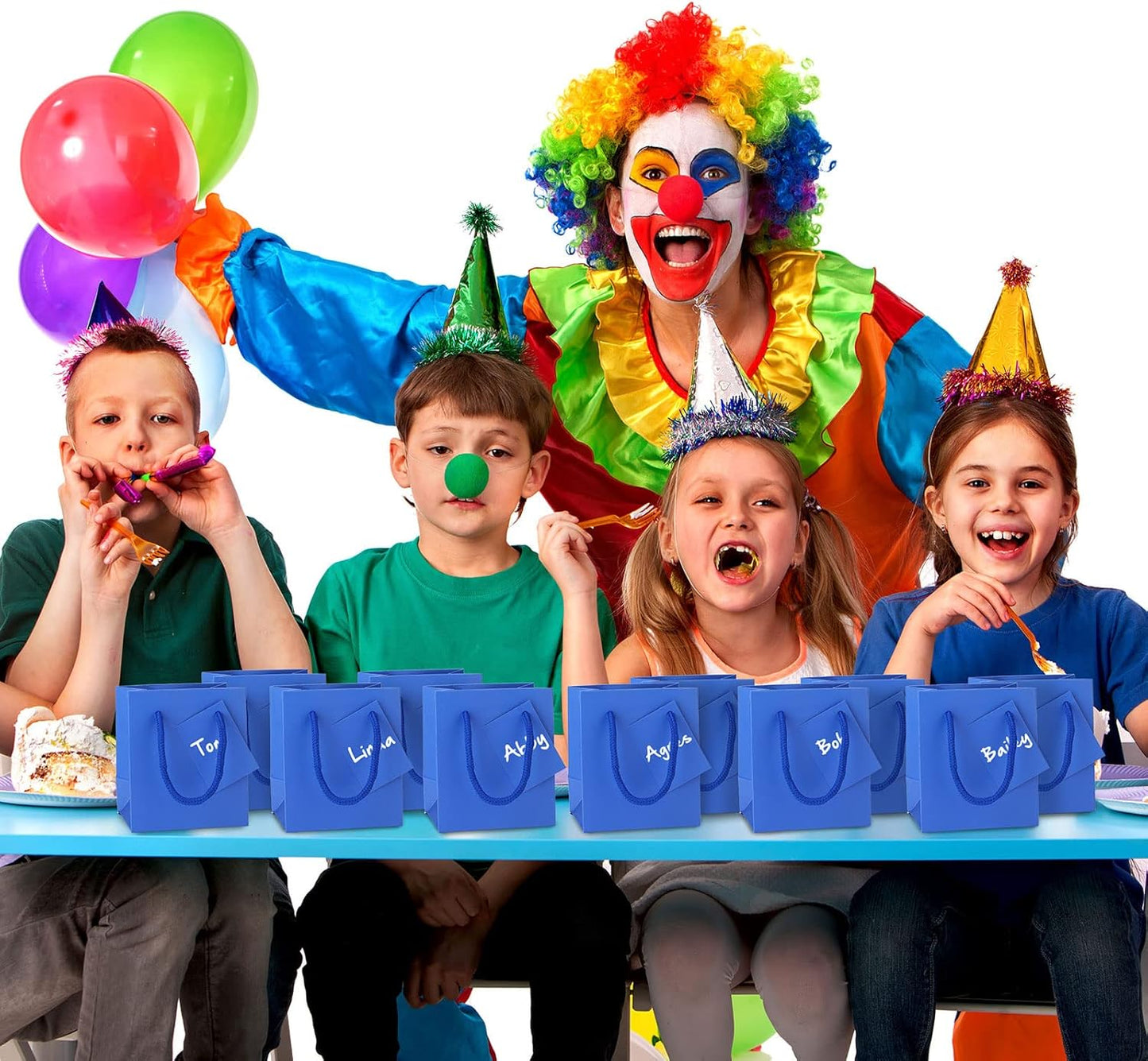 Sherr 100 Pack Mini Gift Bags Bulk, 4 x 2.75 x 4.5 Inches Paper Bags with Tags, Extra Small Paper Gift Boxes with Handles for Birthday, Party Favors, Weddings, Small Business(Blue)