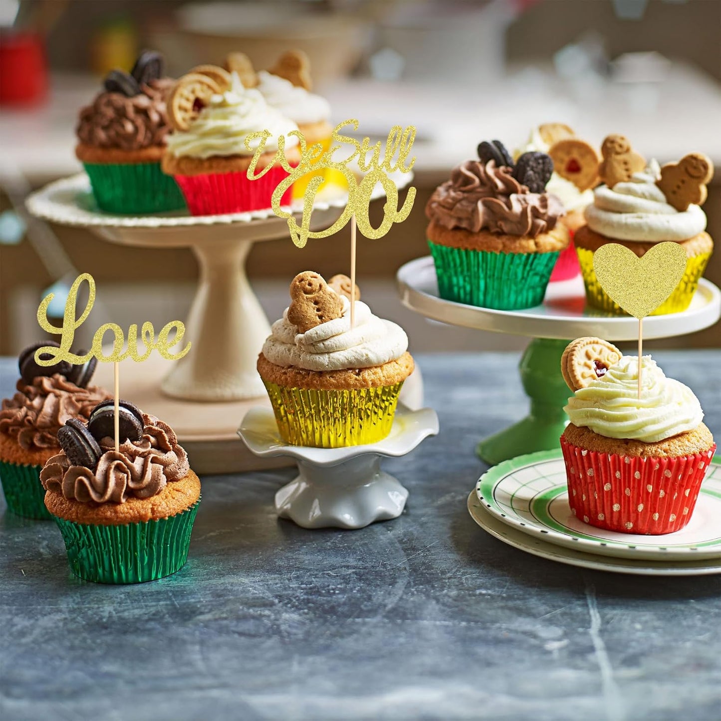 24Pcs We Still Do Cupcake Toppers Glitter Love Heart Marriage Anniversary Cupcake Picks Bridal Shower Wedding Engagement Birthday Cake Decorations Supplies - Gold Glitter