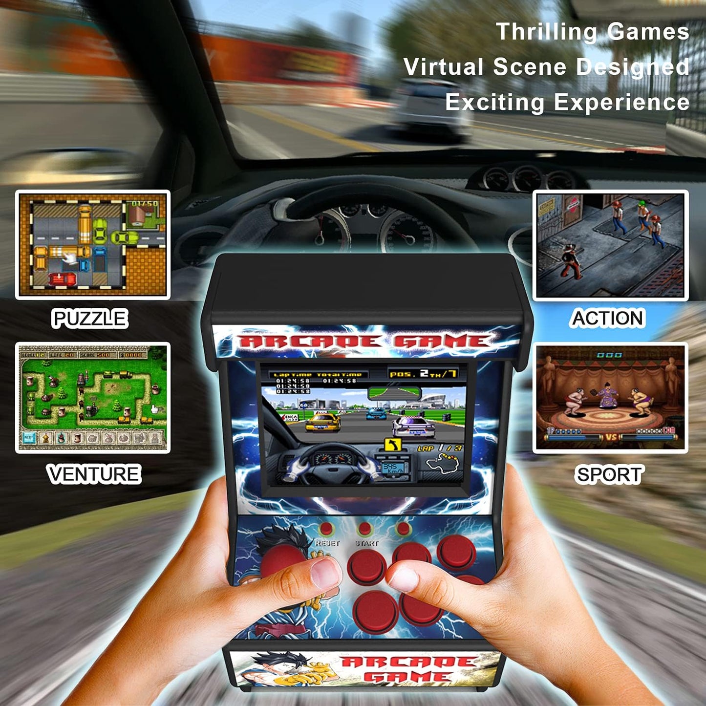 Mini Arcade Machine, Retro Gaming Console, Handheld Game Console with 156 Classic 16-Bit Video Games 2.8 Inch Color Display, Rechargeable Battery, Support for TV Output, Birthday Present for Children