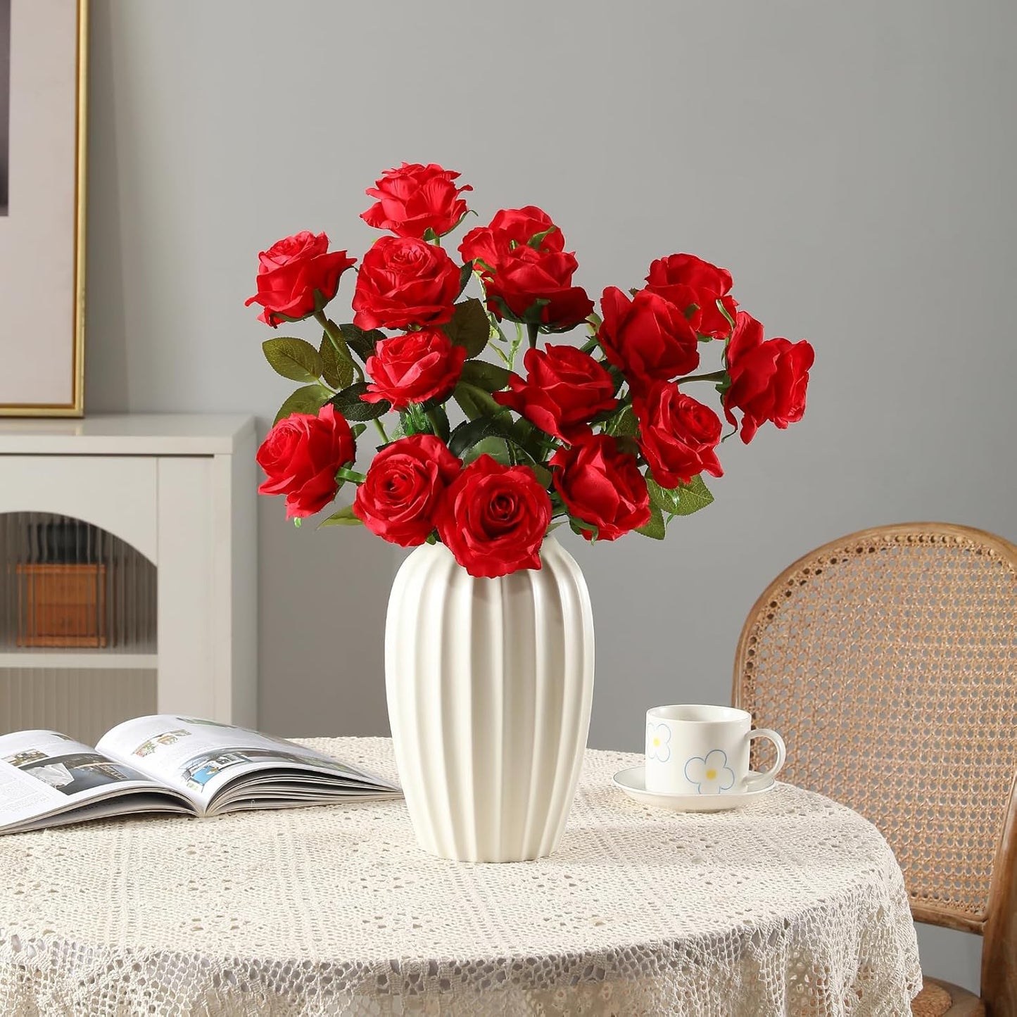 Tifuly 12 Pcs Red Roses Artificial Flowers,Realistic Long Stem Fake Silk Roses Bouquet for Party Home Wedding Centerpiece Office Decor