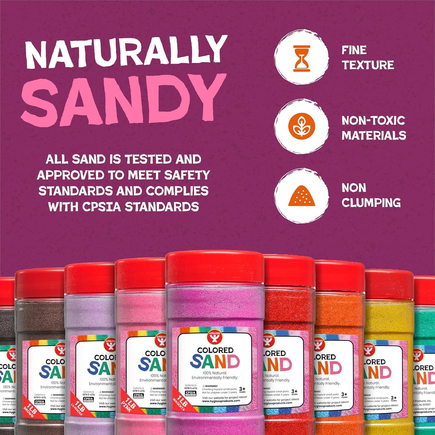 Hygloss Colored Sand for Crafts - 12 Assorted Colors 6-Ounce Vibrant Colorful Fine Sensory Play Sand Art Kits for Kids - Classroom Activities for Children 3 4 5 6 7 8 9 10 11 12 - Safe for Ages 3+