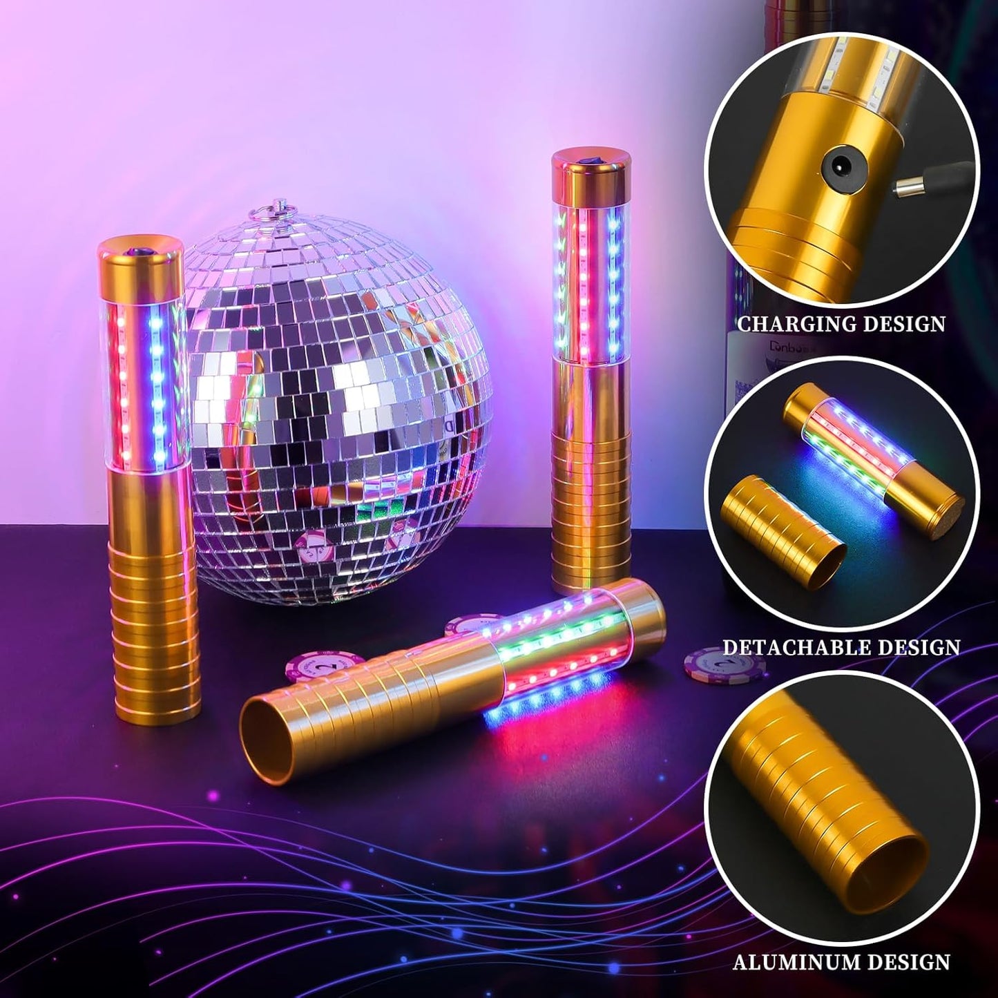 4 Pieces RGB LED Strobe Baton Light Rechargeable Bottle Service Sparklers Stick Reusable Champagne Bottle Handheld LED for Club Stage Nightclub Party Concert Event Bar Outdoor - Gold