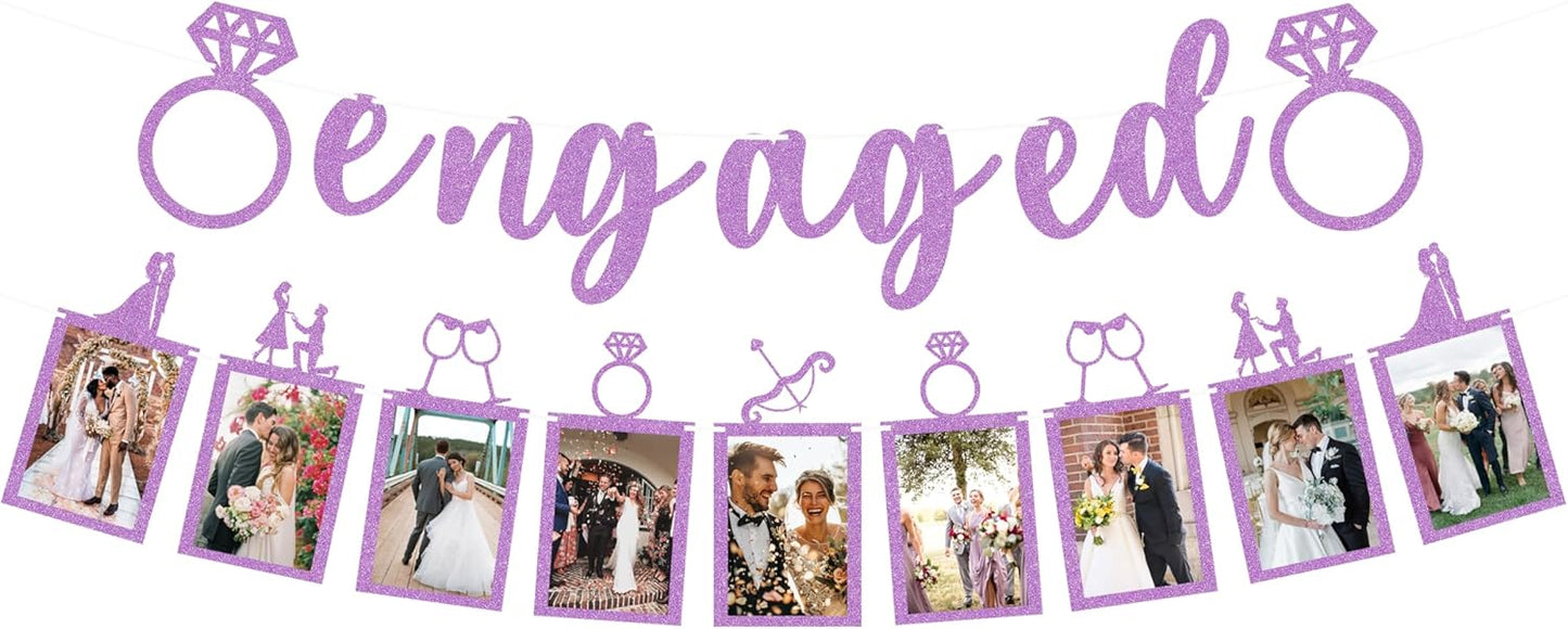 Pre-Strung Engaged Photo Banner - Purple Glitter Engagement Party Decoration Supplies with Romantic Memories Picture Card Frames for Bachelorette, Bridal Shower, Wedding Party Photo Booth Props