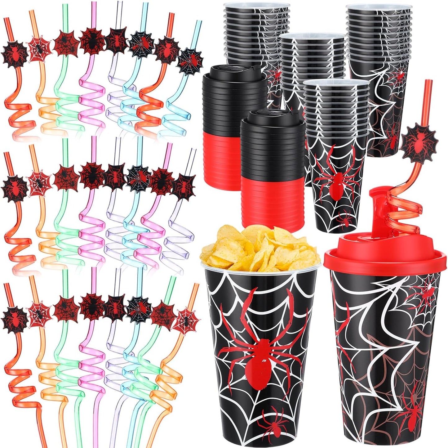 Yungyan 24 Sets Spider Party Favors Goodie Cups with Lids and Straws for Halloween Party Decorations Reusable 16oz Plastic Candy Cups Plastic Straws for Birthday Gift (Spider)