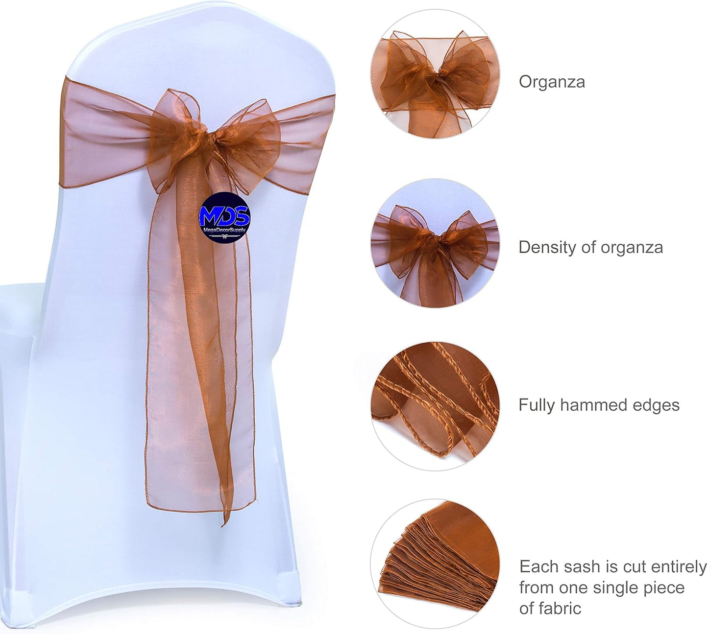 MDS Pack of 200 PCS Organza Chair Sashes Wider Dining Chair Bows Ribbon Tie Back for Wedding Party Birthday Bridal Shower Reception Event Banquet Home Chair Cover Decoration - Bronze