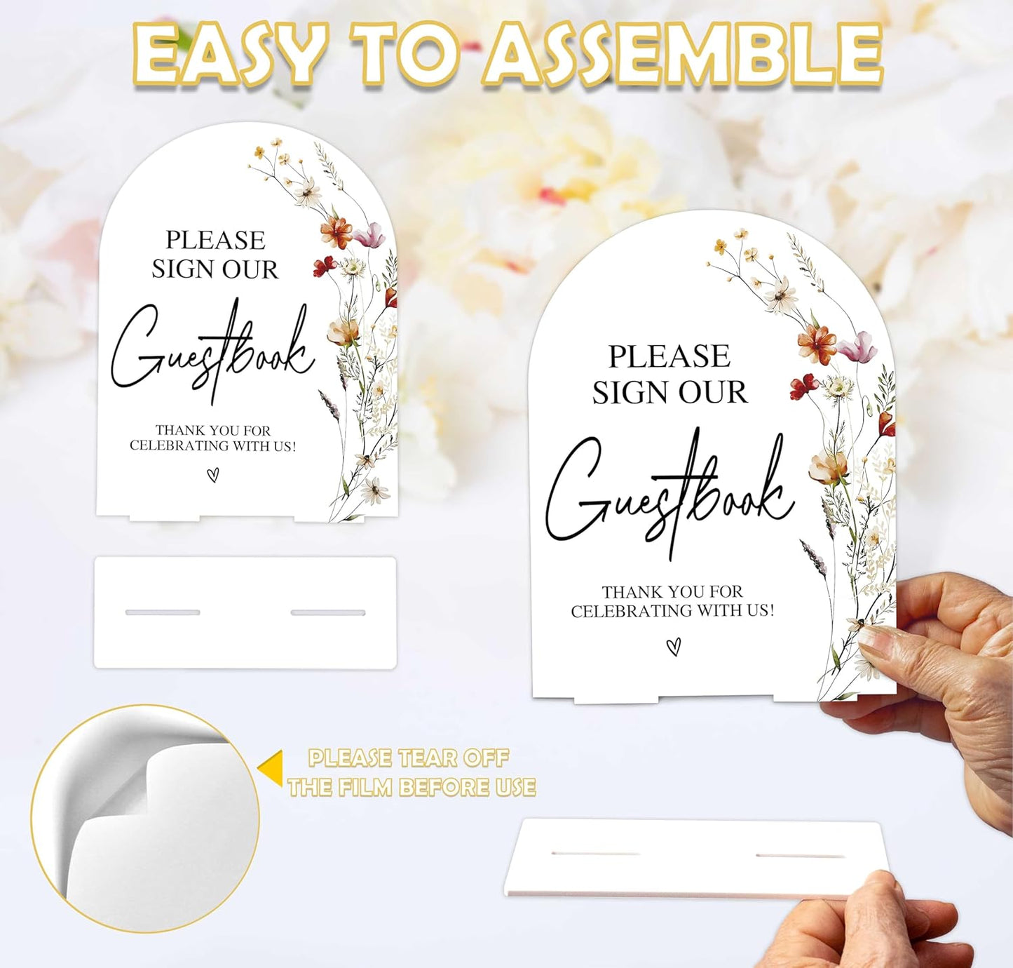 Boho Floral Please Sign Our Guestbook Sign, 6 x 8 Inch White Arch Acrylic Wedding Sign with Holder, Wedding Sign for Ceremony and Reception, Wedding Decoration, Wedding Supplies - BX02