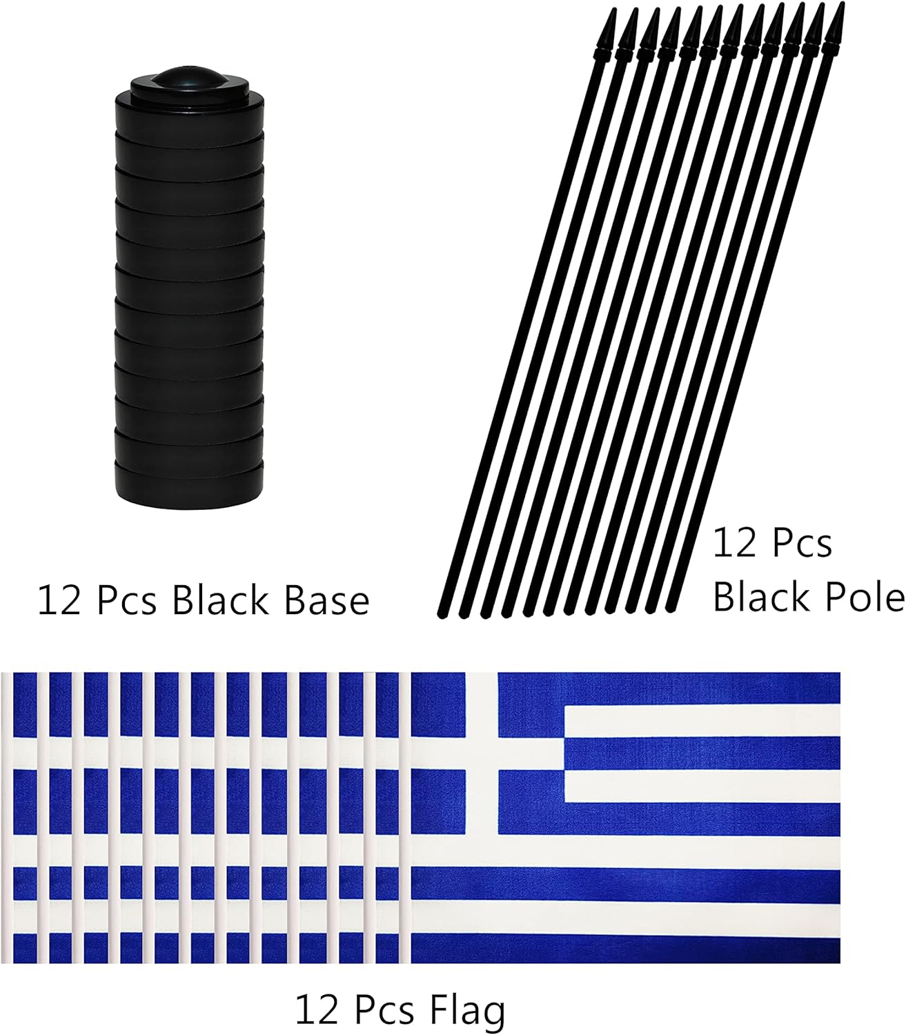 12 Pack Greece Desk Flags Set, Greek Small Mini Table Office Flags with 12" Solid Black Pole, 8.2 x 5.5 Inches, Home and Office Decoration, Festival Celebrations