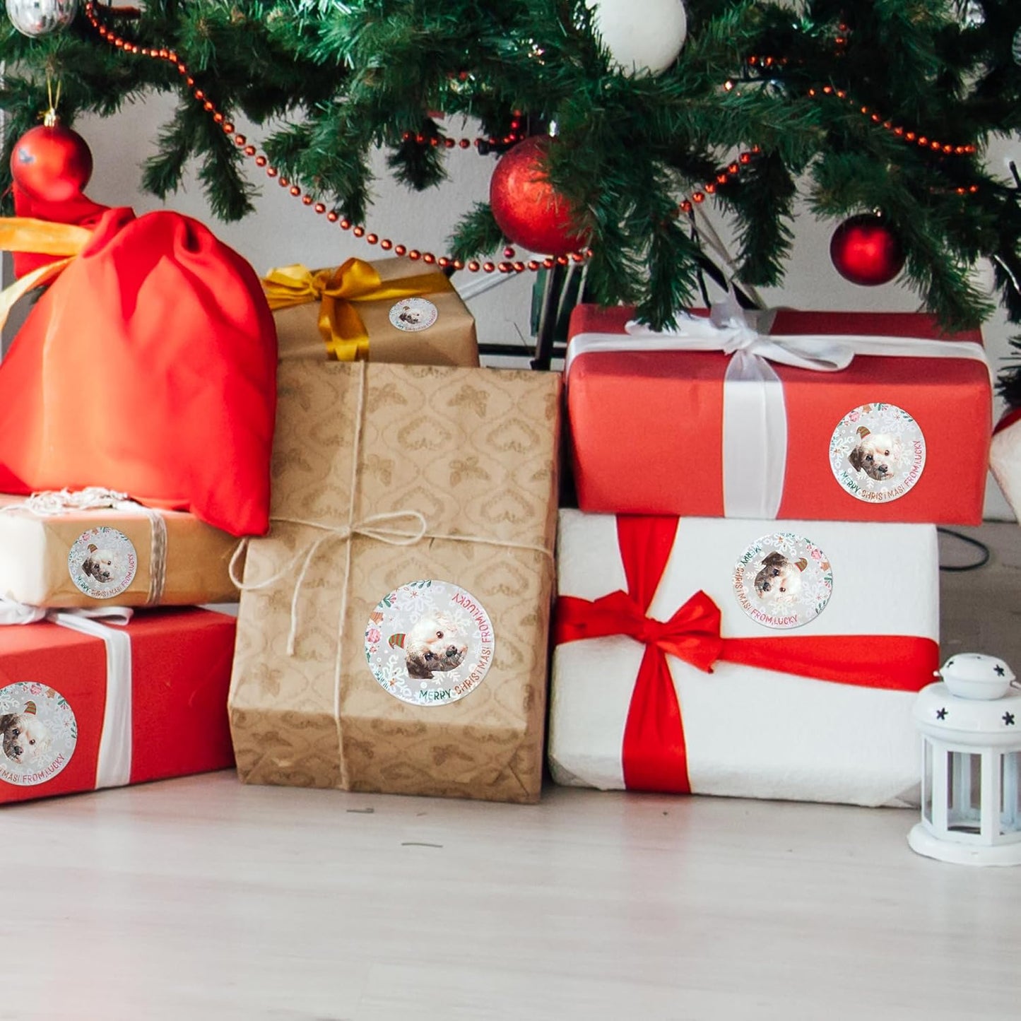 callie Personalized Christmas Stickers with Photo Name, Custom Waterproof Glitter Xmas Labels for Crafts Cards Envelope Seal Party Decorations, 24pcs