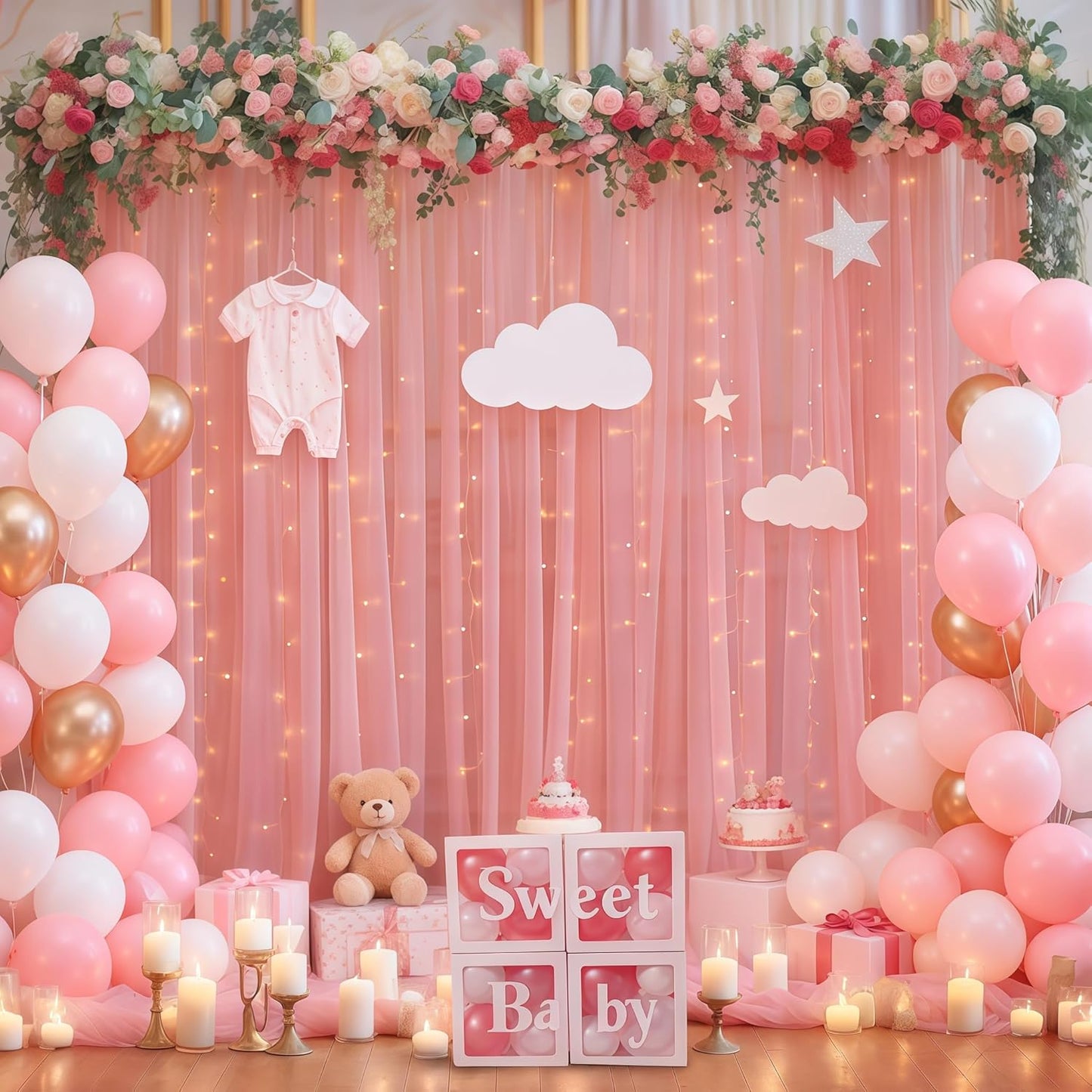 10×10ft Dusty Rose Tulle Backdrop Curtain with Lights String for Parties, Sheer Photo Curtain Backdrop Drapes for Wedding Party Photography Backgrounds