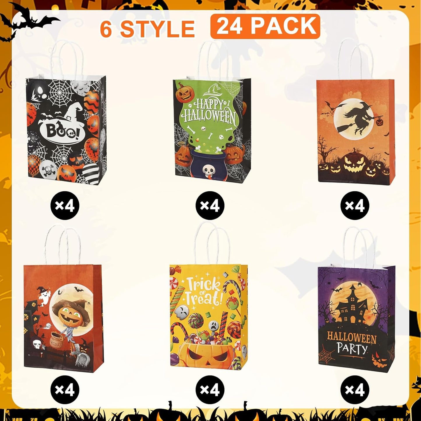 24 Pcs Halloween Paper Gift Bags, 6 Styles Halloween Goodie Bags with Handles, Halloweens Treat Bag Party Favors Bag Holiday Trick or Treat Party Supplies