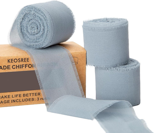 3 Rolls Dusty Blue Handmade Chiffon Ribbon,1.5" x 21Yd Frayed Fringe Silk Ribbons (3 Rolls *7Yd) for Gifts Wrapping, Wedding Invitations, Bridal Bouquets, Decorations