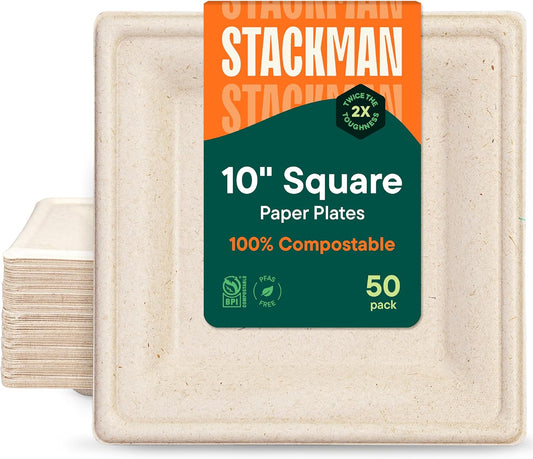 100% Compostable Square Paper Plates [50-Pack] - {PFAS-Free} - {BPI Certified} - [10 Inch] Heavy Duty, Eco-Friendly, Biodegradable Bagasse Dinner Plates - Natural Brown 10" Plate by Stack Man