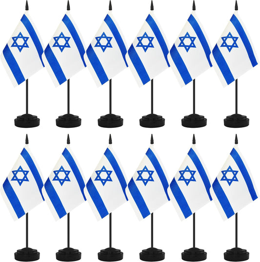 12 Pack Israel Desk Flags, Israeli Desktop Flag, Small Miniature Office Flags with 12" Black Pole and Black Base, Offices, Classroom, Home, Festival Decoration (Israel)