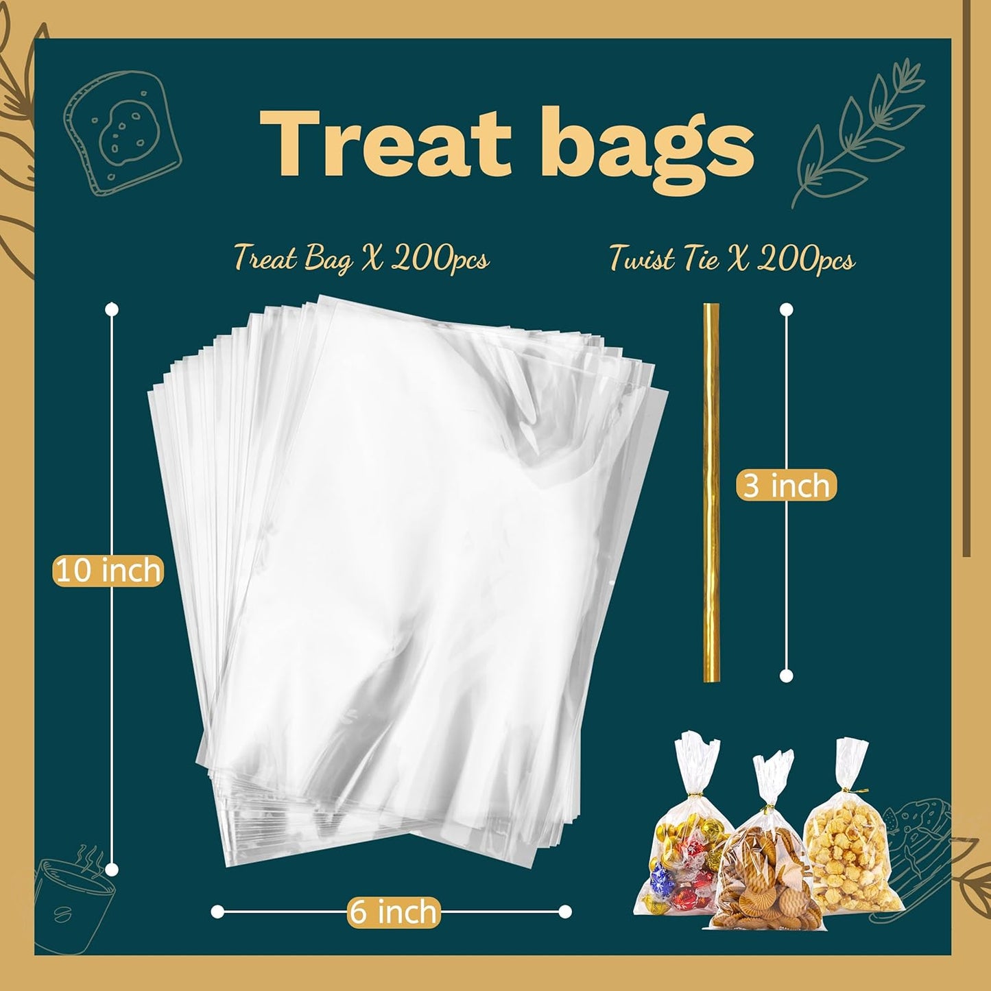 LOKIQNG Cellophane Bags Plastic Treat Bag Clear Cookie Candy Bags with Twist Ties for Party Favor Bag(200 Pack, 6x10inch)