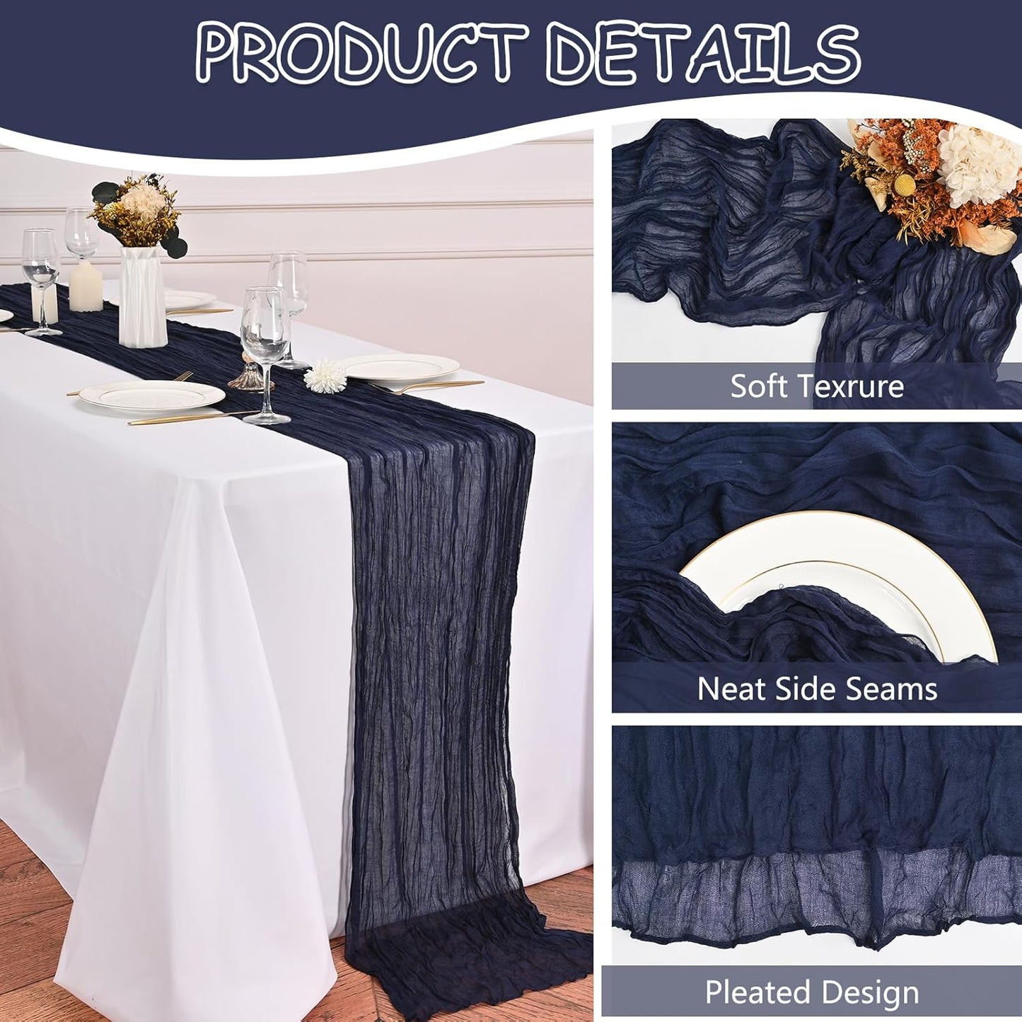 12 Pack Navy Blue Cheesecloth Table Runner 20 x 120 inch Gauze 10FT Semi Sheer Boho Fabric Cheese Cloth Table Runner for Wedding Party Birthday Baby Bridal Shower