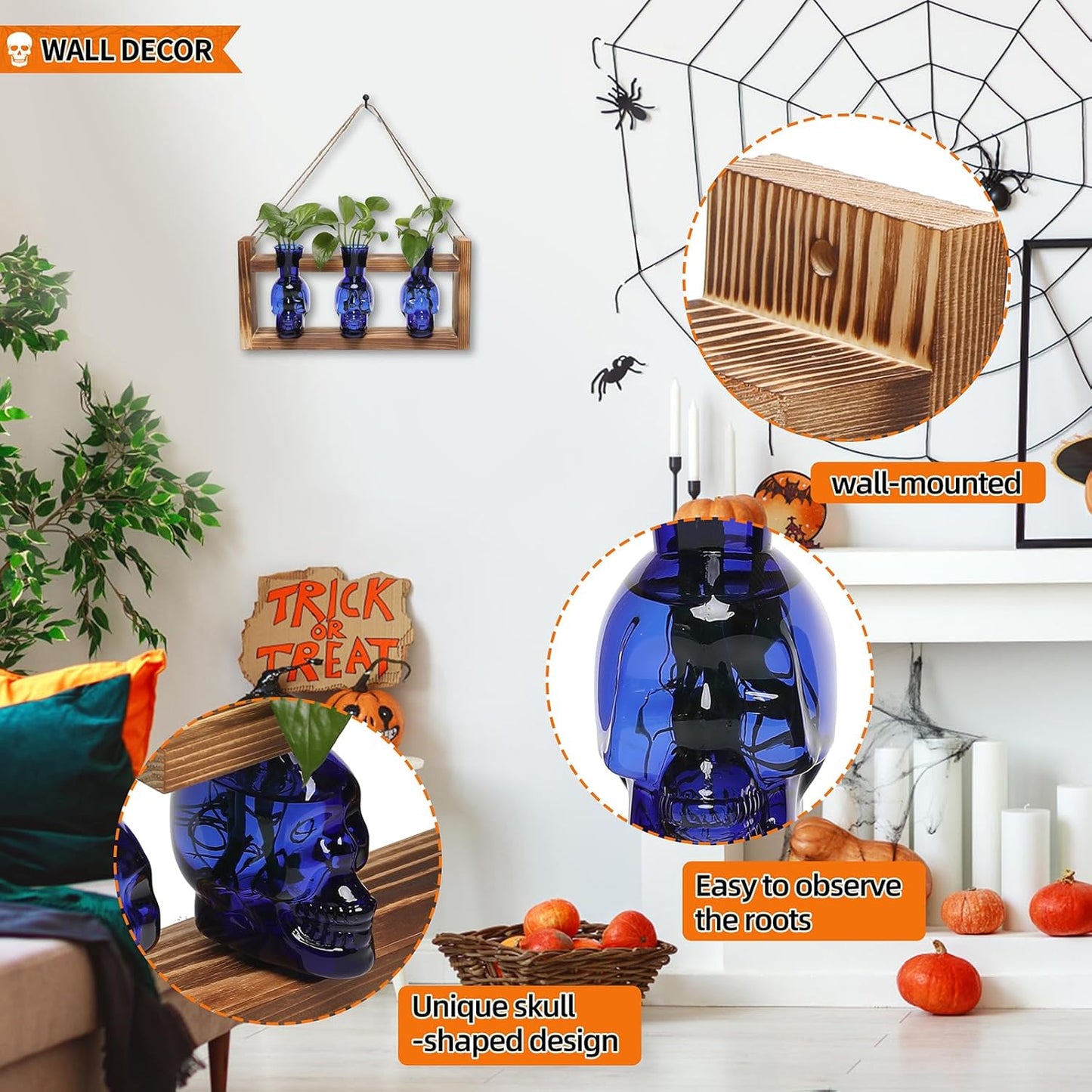 Plant Terrarium Propagation Stations Hydroponics Halloween Skull Planter Vase Skulls Decor with Wooden Stand Gift for Father