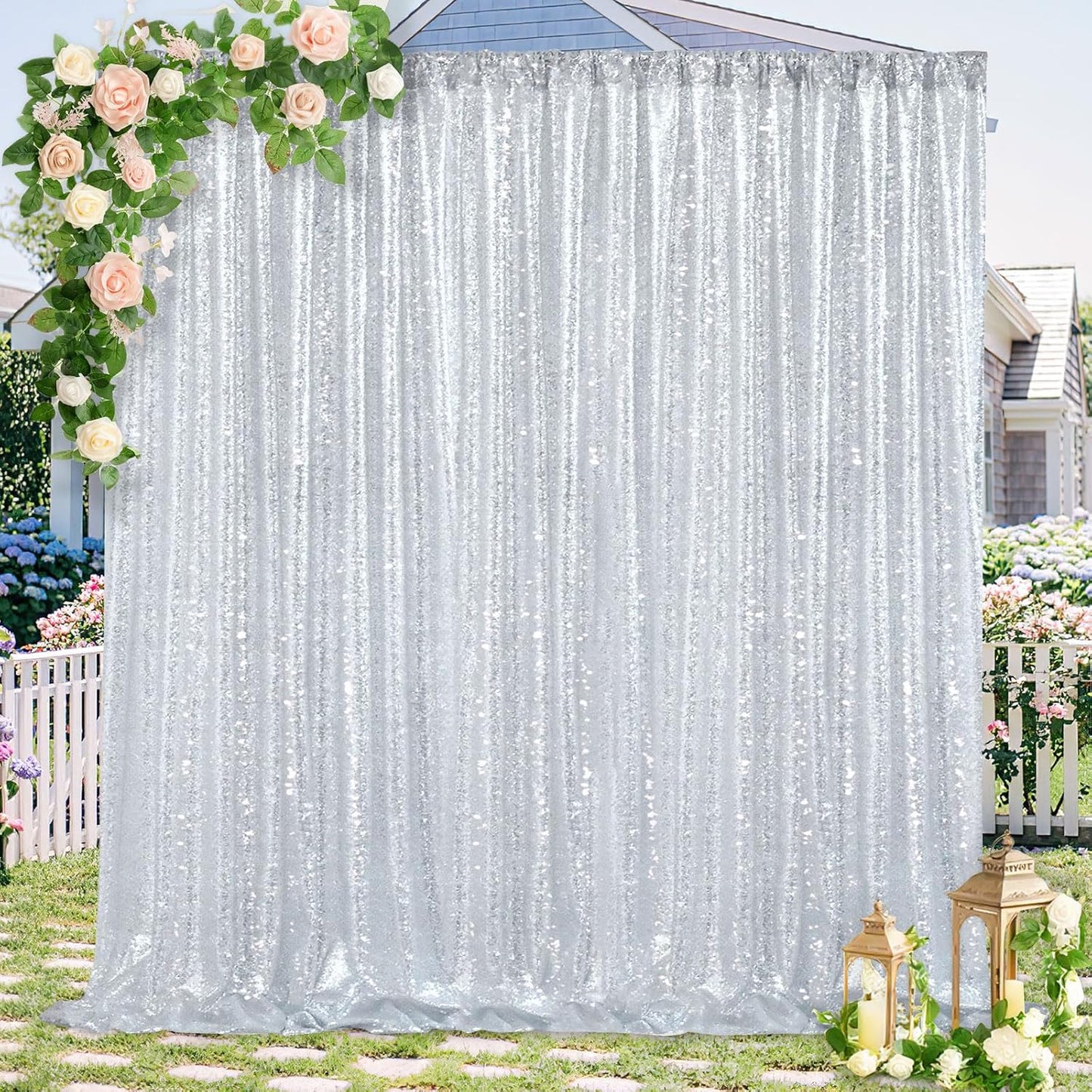 Silver Sequin Backdrop 7ft x 7ft Glitter Photo Booth Backdrop Curtains for Wedding Birthday Baby Shower Event
