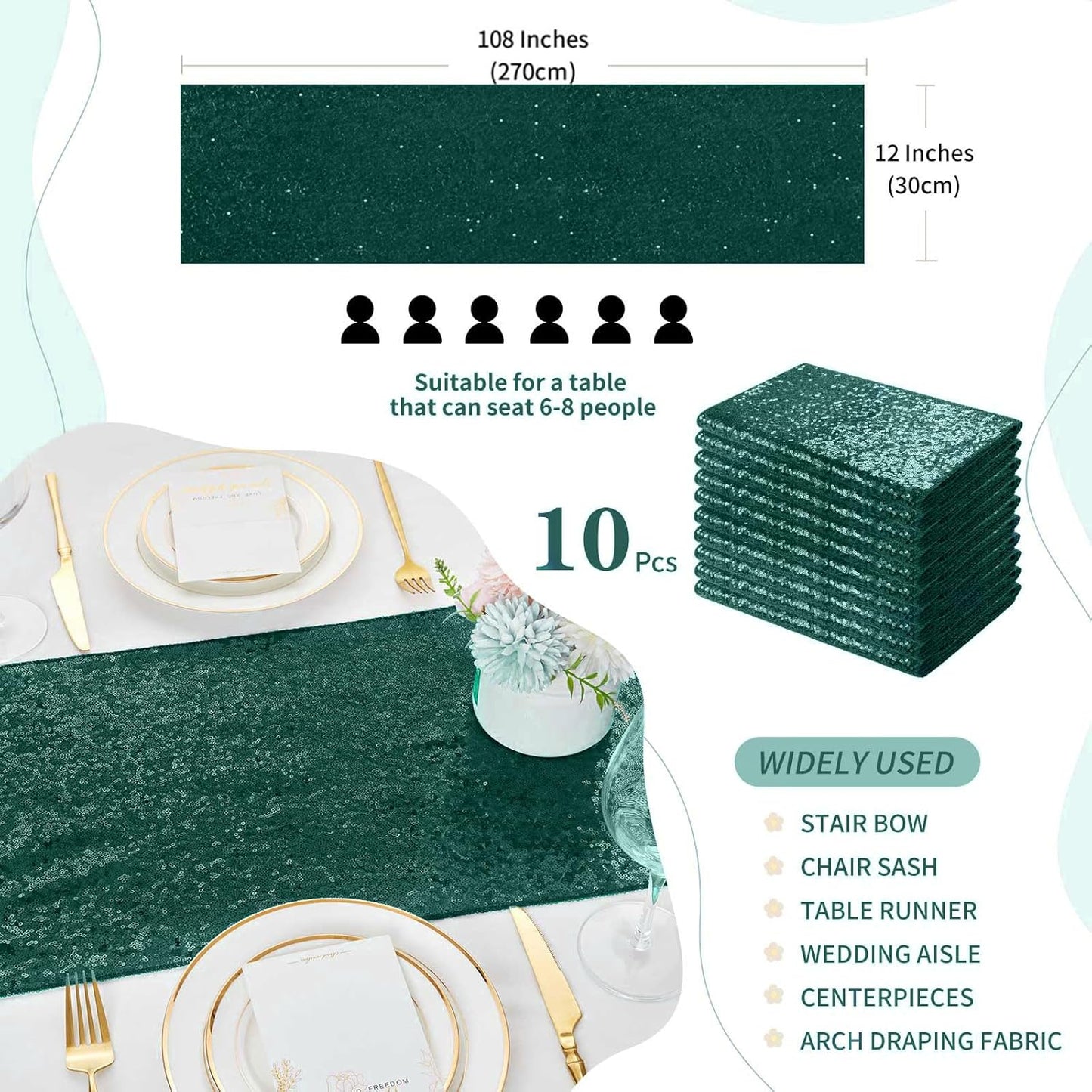 Sequin Table Runners 12 Pieces Emerald Green Table Runners 12x108 Inch Glitter Dining Table Cover for Party Wedding Birthday Reception Banquet Decoration Spring Party Chair Sashes