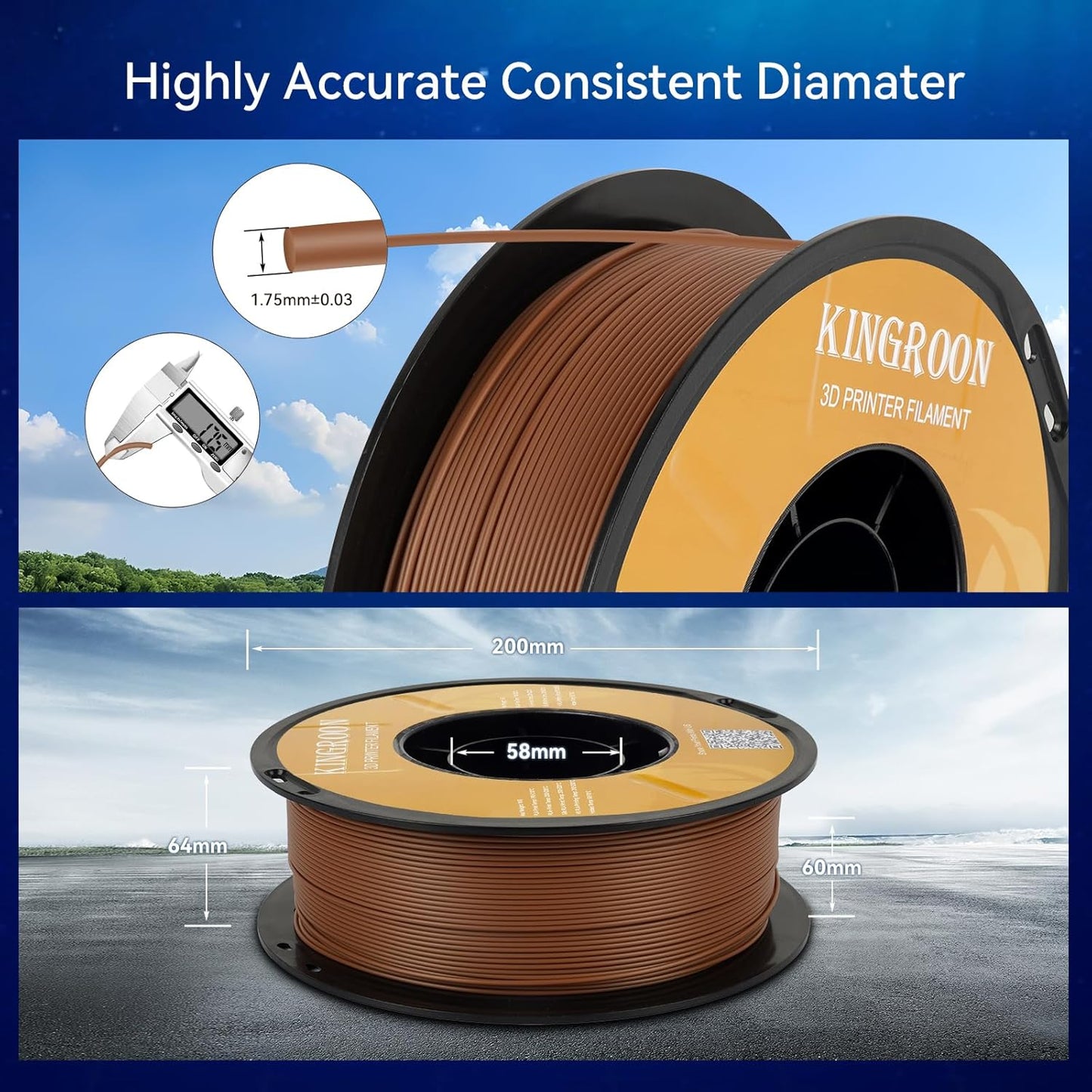 Kingroon PLA Filament 1.75mm 3D Printer Filament Brown Pla Filament 1kg Filament Dimensional Accuracy +/- 0.02mm, Fit Most FDM Printer, Brown-Coffee