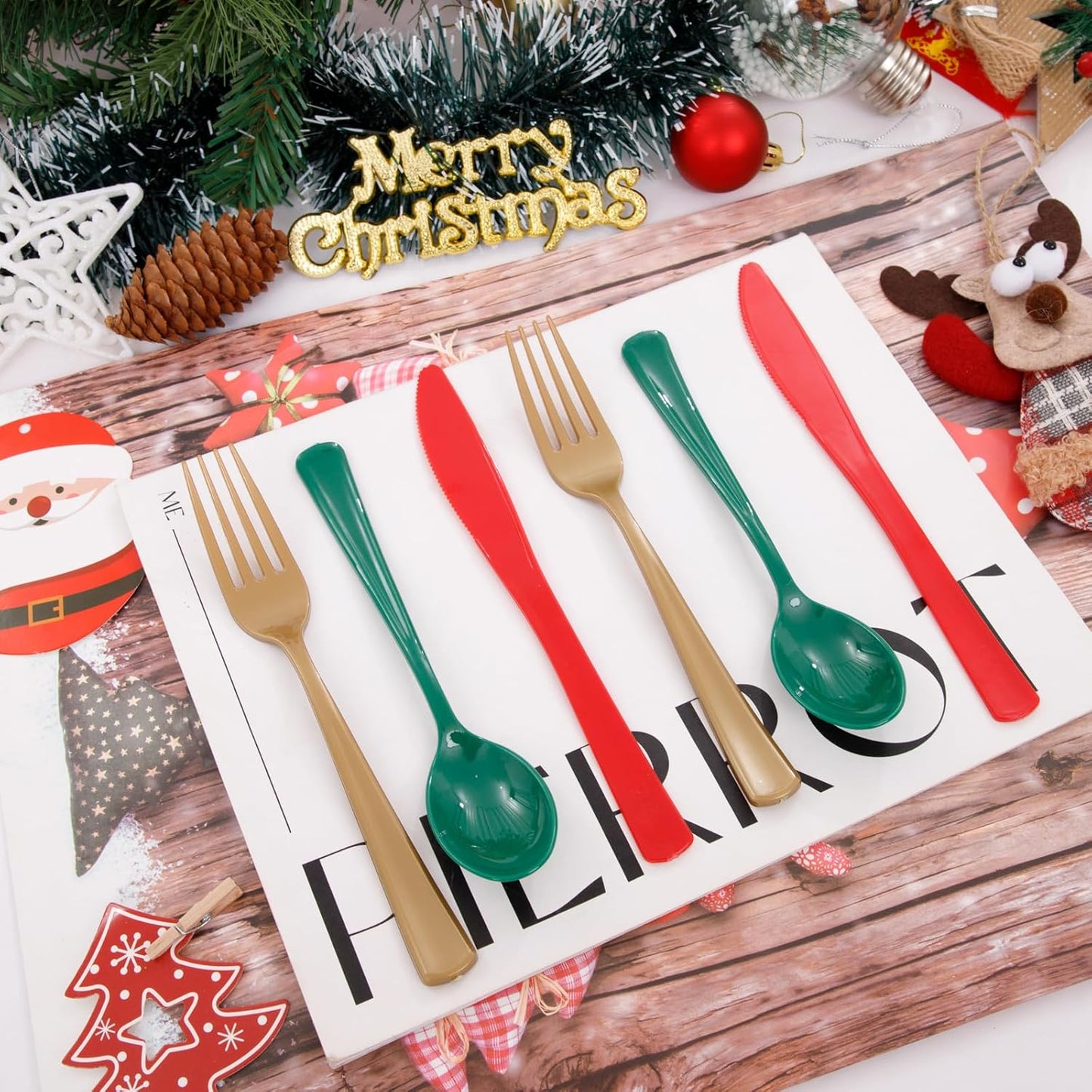 WDF 180 Pieces Plastic Christmas Silverware - Disposable Cutlery Set Incluede 60 Gold Forks, 60 Red Knives and 60 Green Spoons - Heavy Duty Plastic Flatware - Disposable Utensils for Christmas