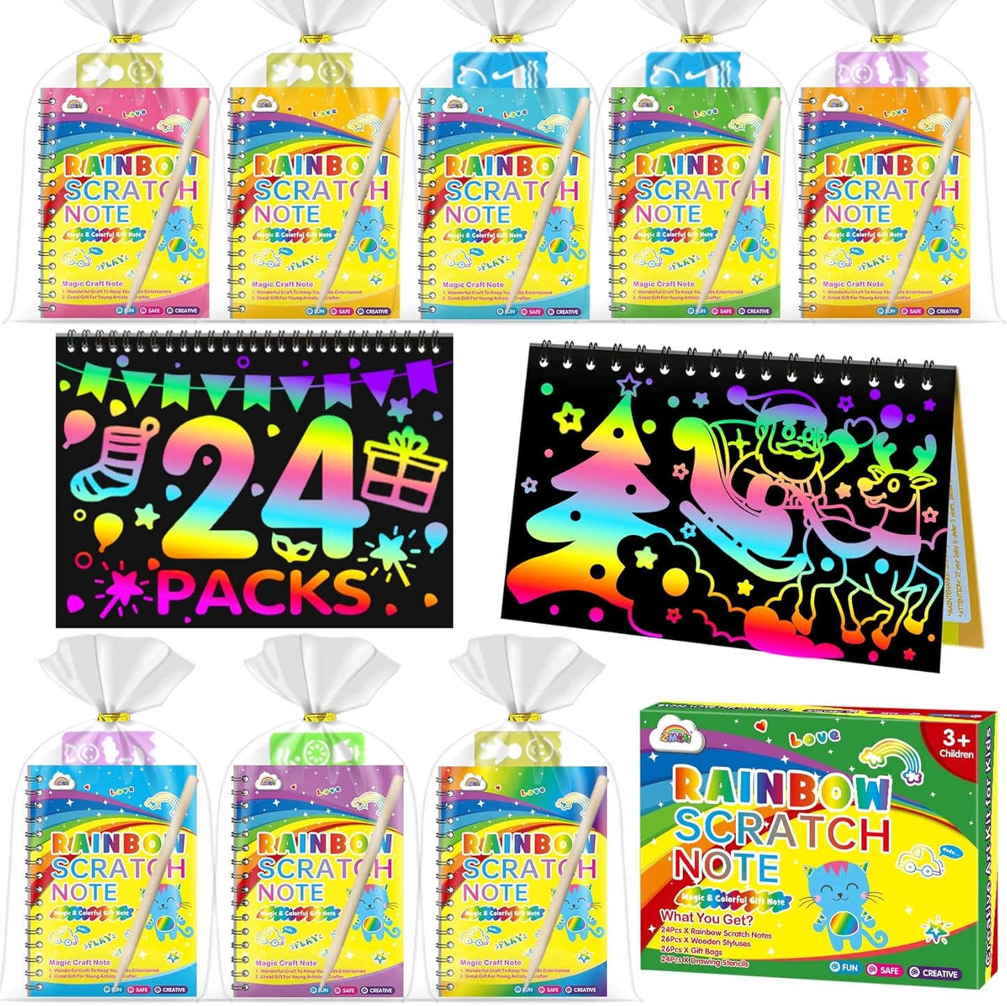 ZMLM Rainbow Scratch Party Favors Kids: Birthday Gifts Toy Bulk Scratch Art Notebook 24 Pack Birthday Goodie Bags Stuffers Girls Boys Art Craft Pads Classroom Prizes School Supplies Stocking Stuffers