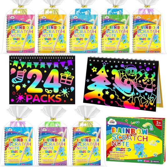 ZMLM Rainbow Scratch Party Favors Kids: Birthday Gifts Toy Bulk Scratch Art Notebook 24 Pack Birthday Goodie Bags Stuffers Girls Boys Art Craft Pads Classroom Prizes School Supplies Stocking Stuffers