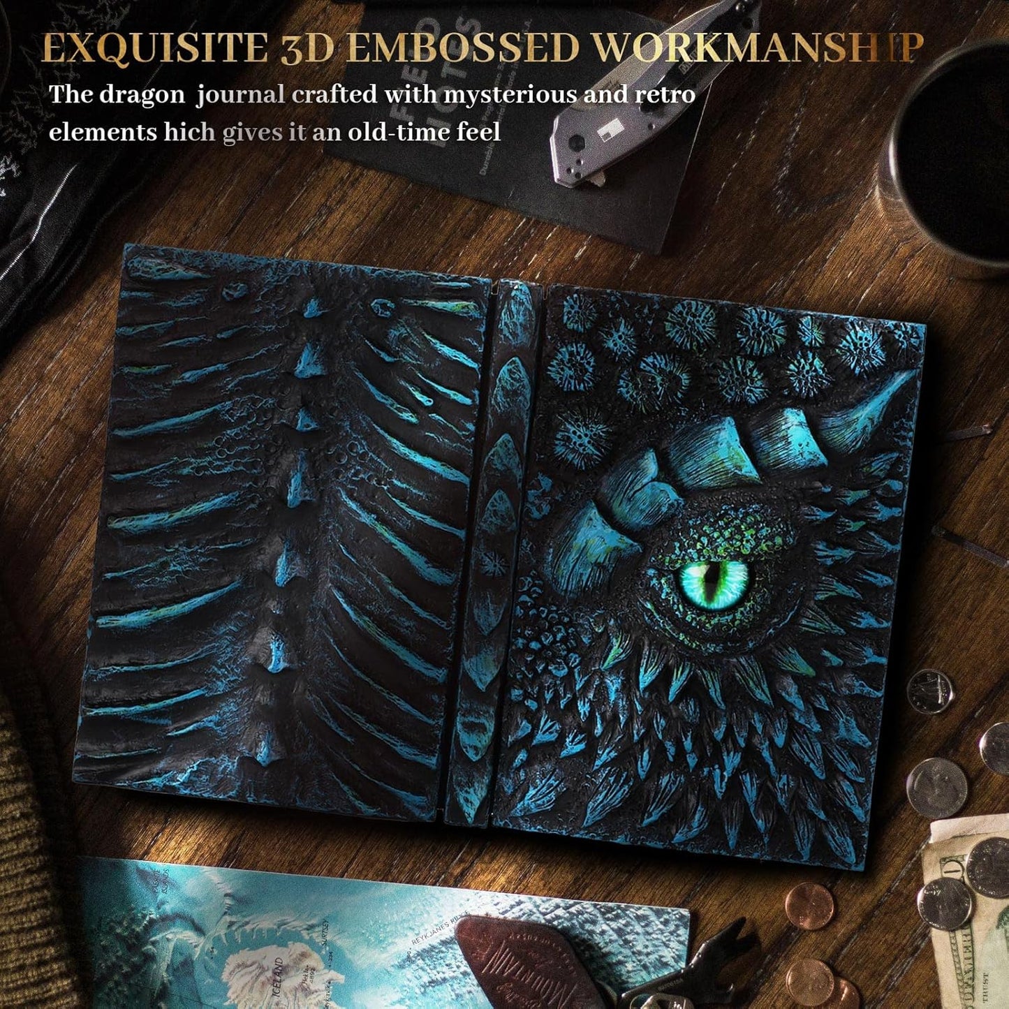 molshine A5 (7.3" x 5.1") 3D Dragon Embossed Journal,Resin Engraving Notebook,Retro Diary,100 Sheets Blank Paper,Hardcover Travel Notepad for Writing,Sketchbook,Collection,Gift,Decoration (Blue)